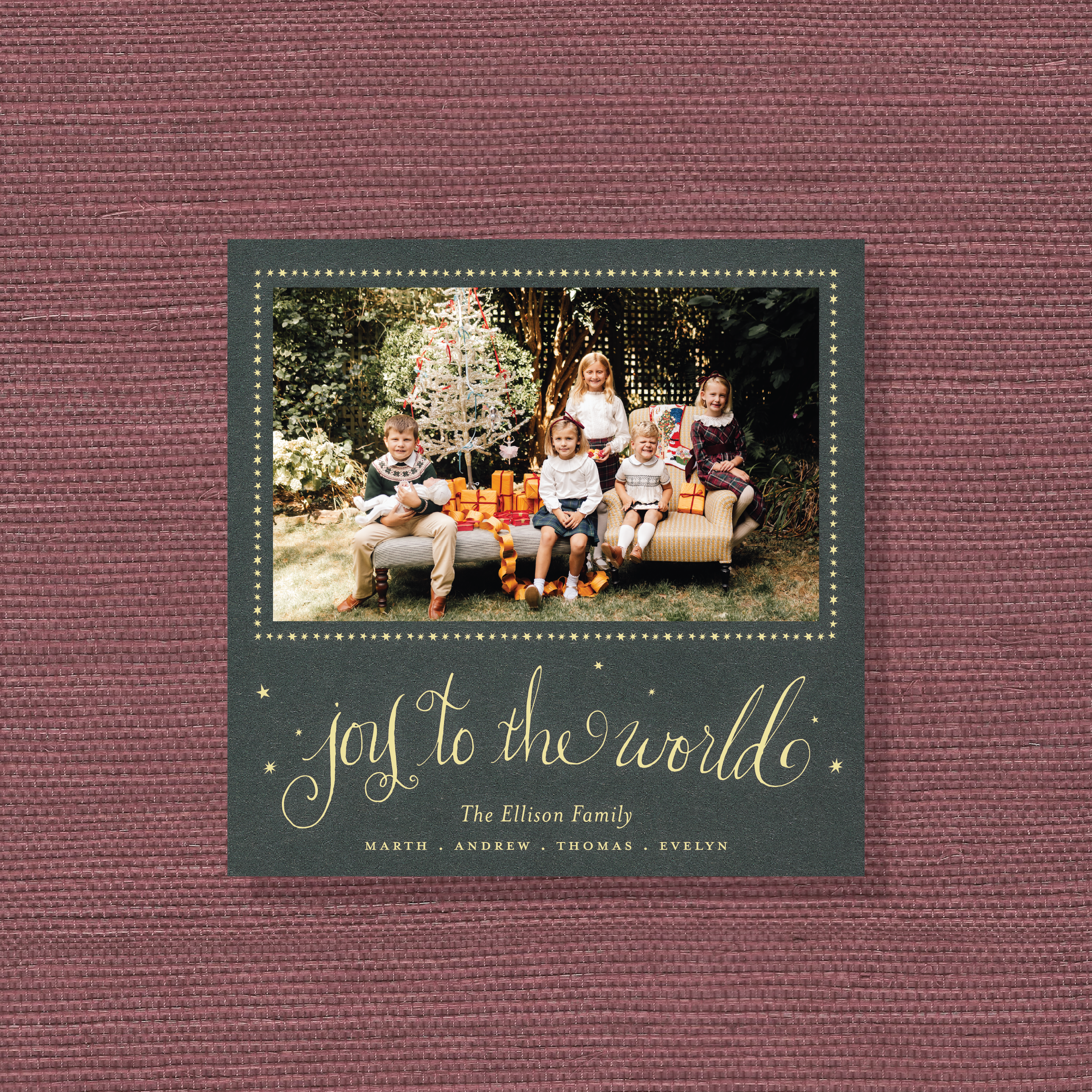 Luxury Ellison Engraved Holiday Card featuring “Joy to the World” calligraphy, hand-drawn stars, and a personalized family photo.
