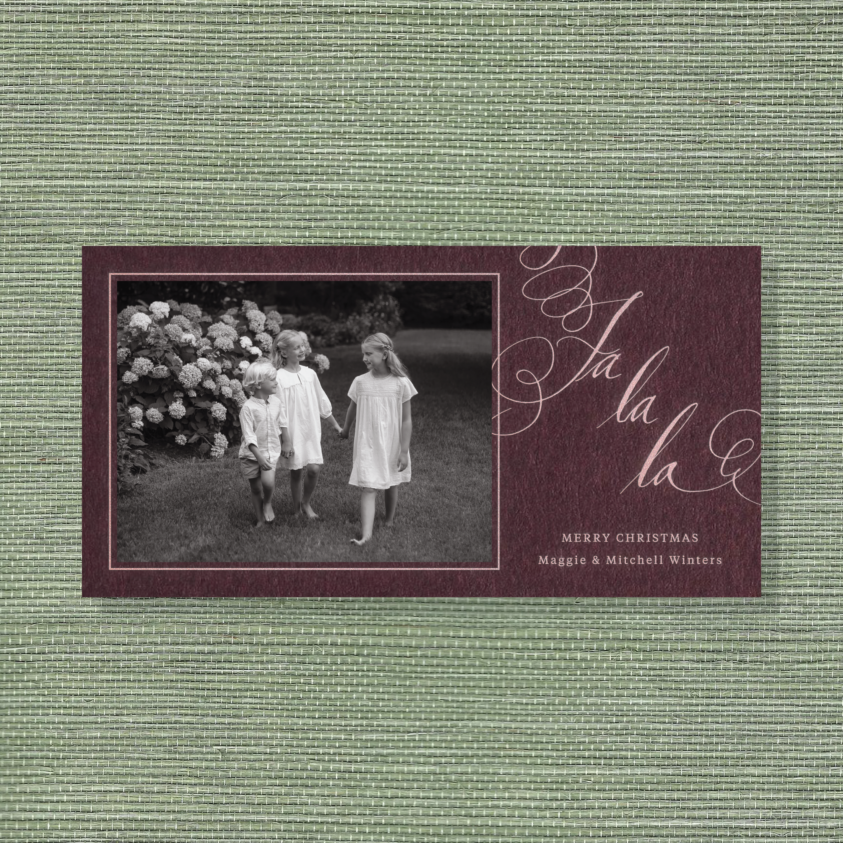 Farnley Engraved Holiday Card featuring oversized hand-lettered “Fa La La” artwork, a favorite family photograph, and traditional engraved details.