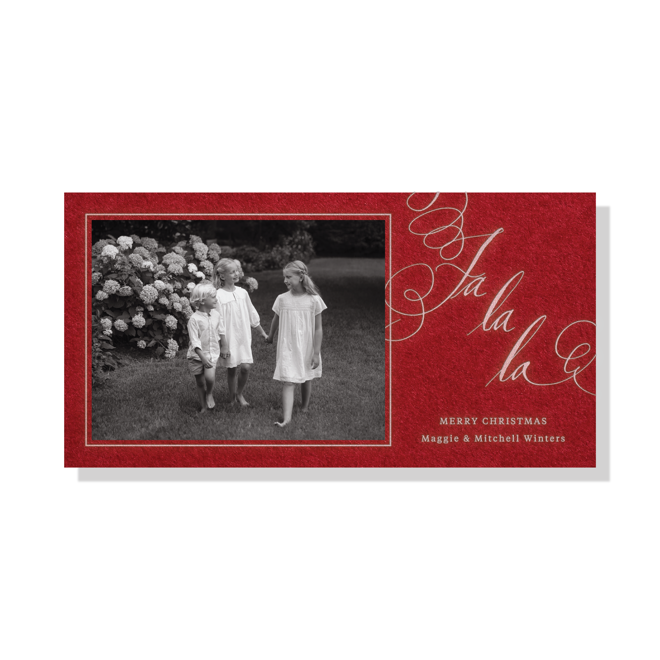 Farnley Engraved Holiday Card featuring oversized hand-lettered “Fa La La” artwork, a favorite family photograph, and traditional engraved details.