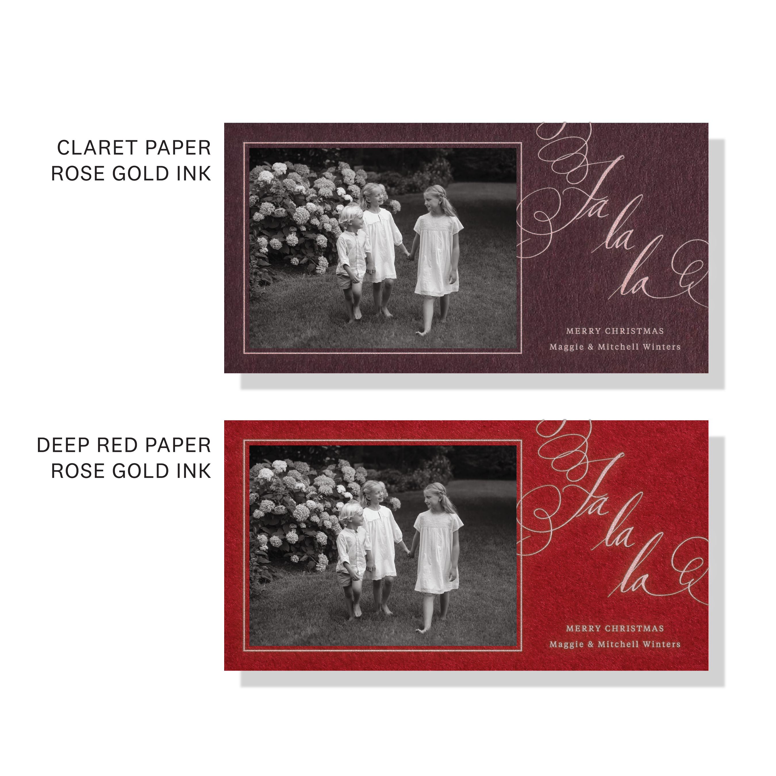 Farnley Engraved Holiday Card featuring oversized hand-lettered “Fa La La” artwork, a favorite family photograph, and traditional engraved details.