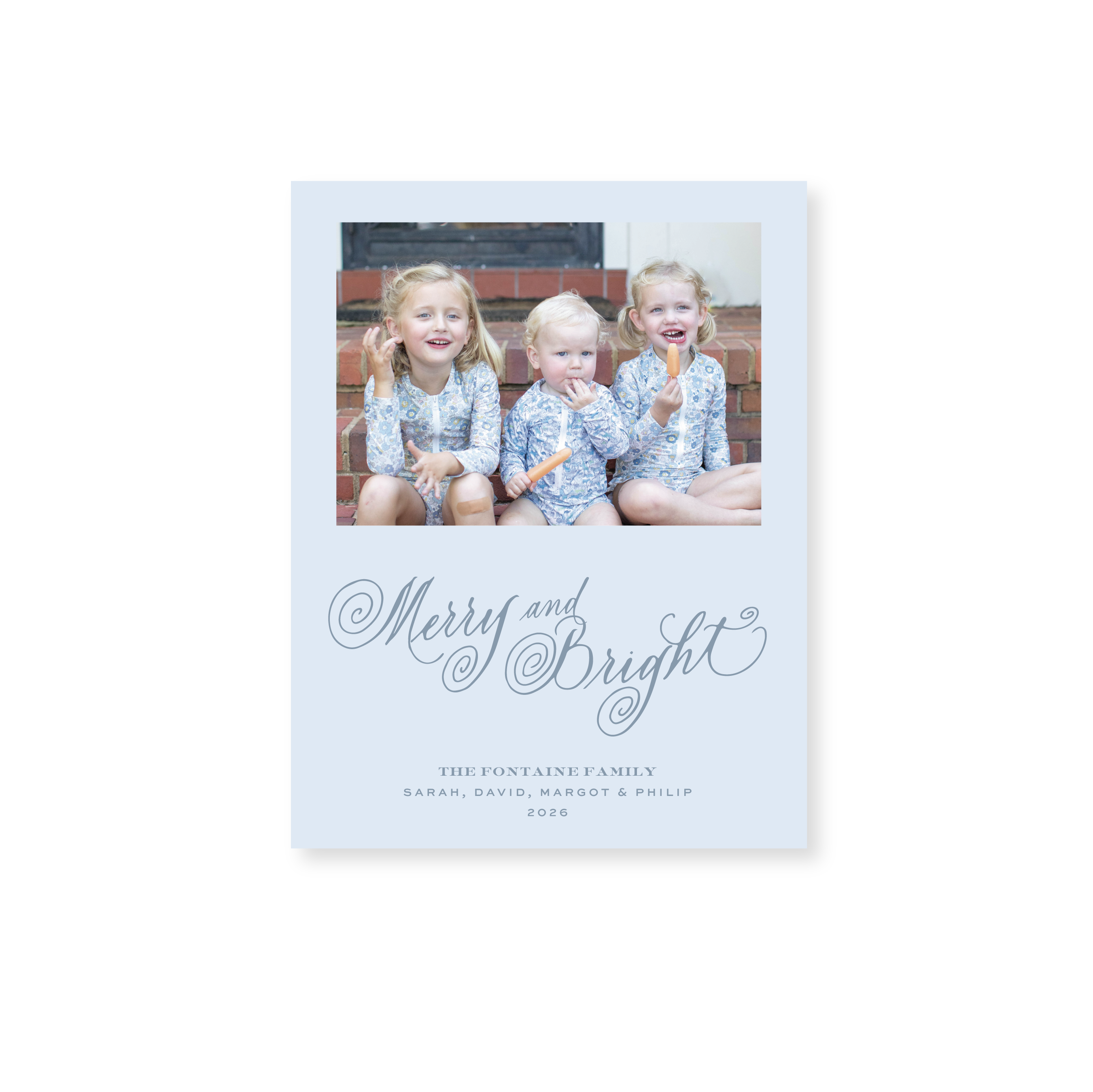 Fontaine Classic Flat Print Merry and Bright photo mount holiday card featuring original hand-lettered artwork by Stovall Collection.
