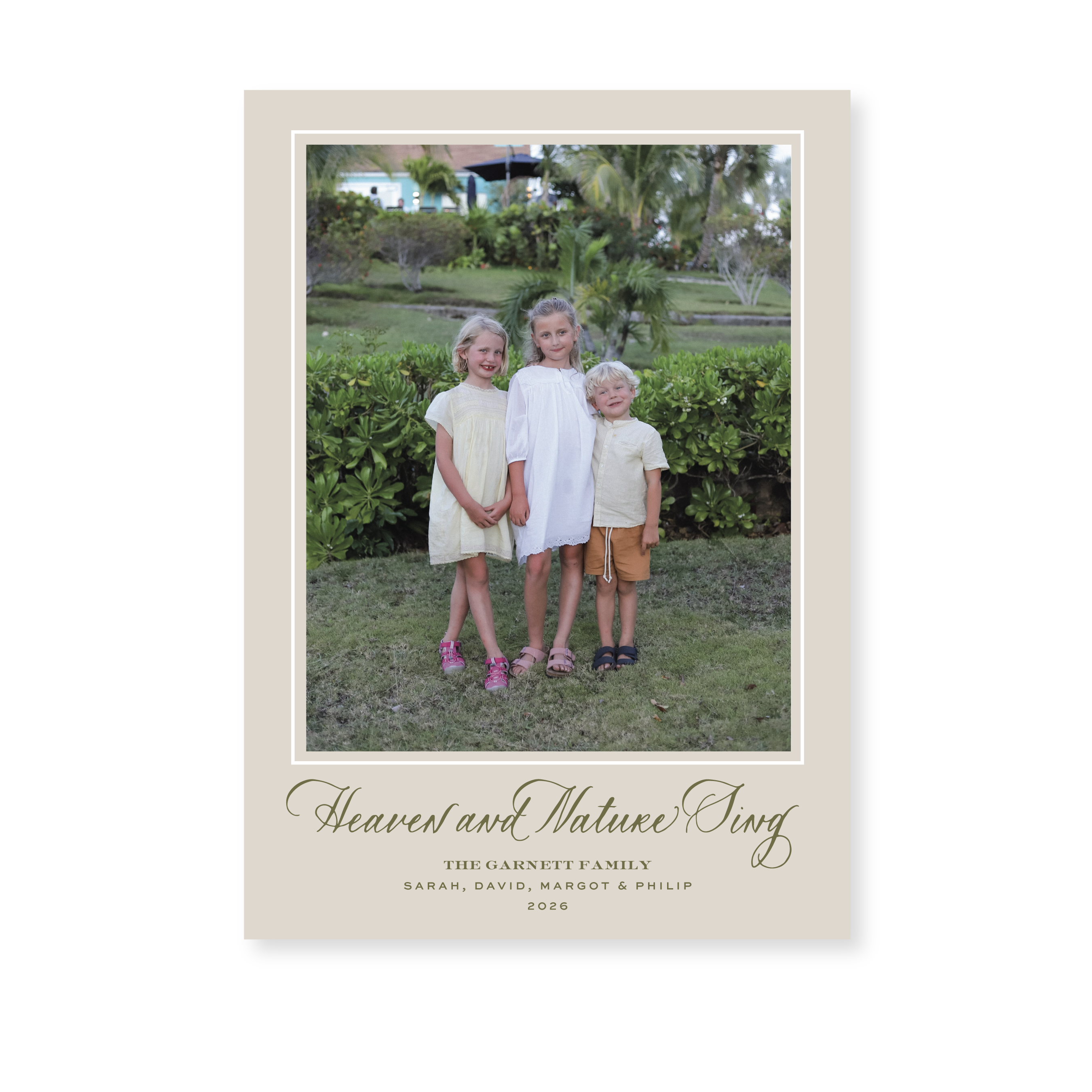 Garnett Classic Flat Print Heaven and Nature Sing photo mount holiday card featuring original hand-lettered artwork by Stovall Collection.