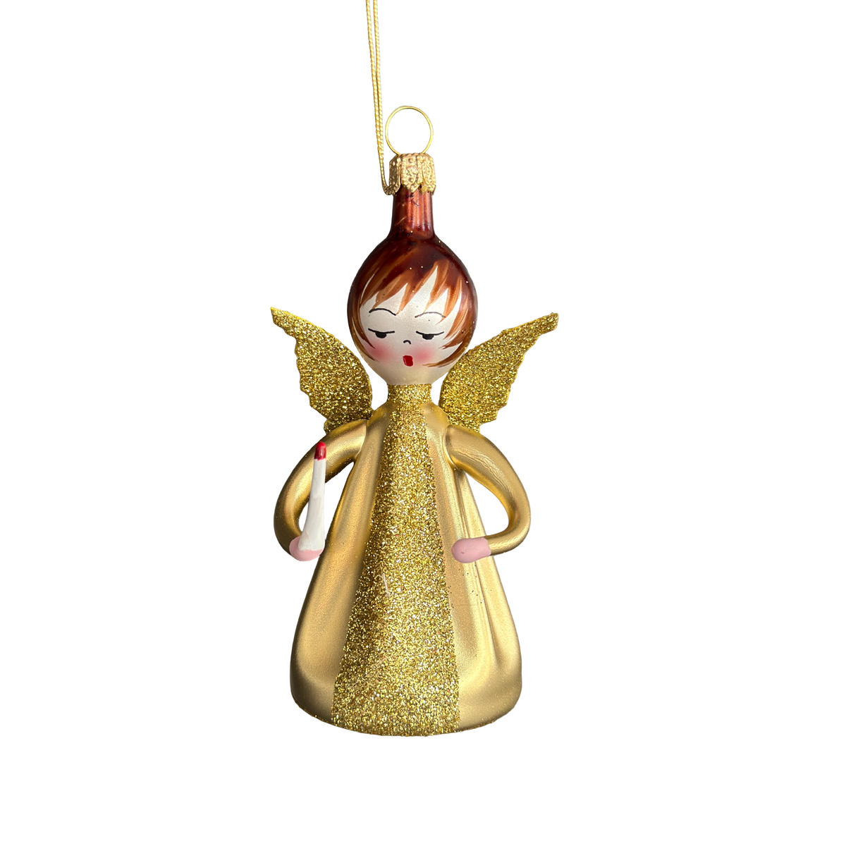 Gilded Little Angel Italian glass Christmas ornament by Soffieria De Carlini with gold gown, glitter wings, and candle