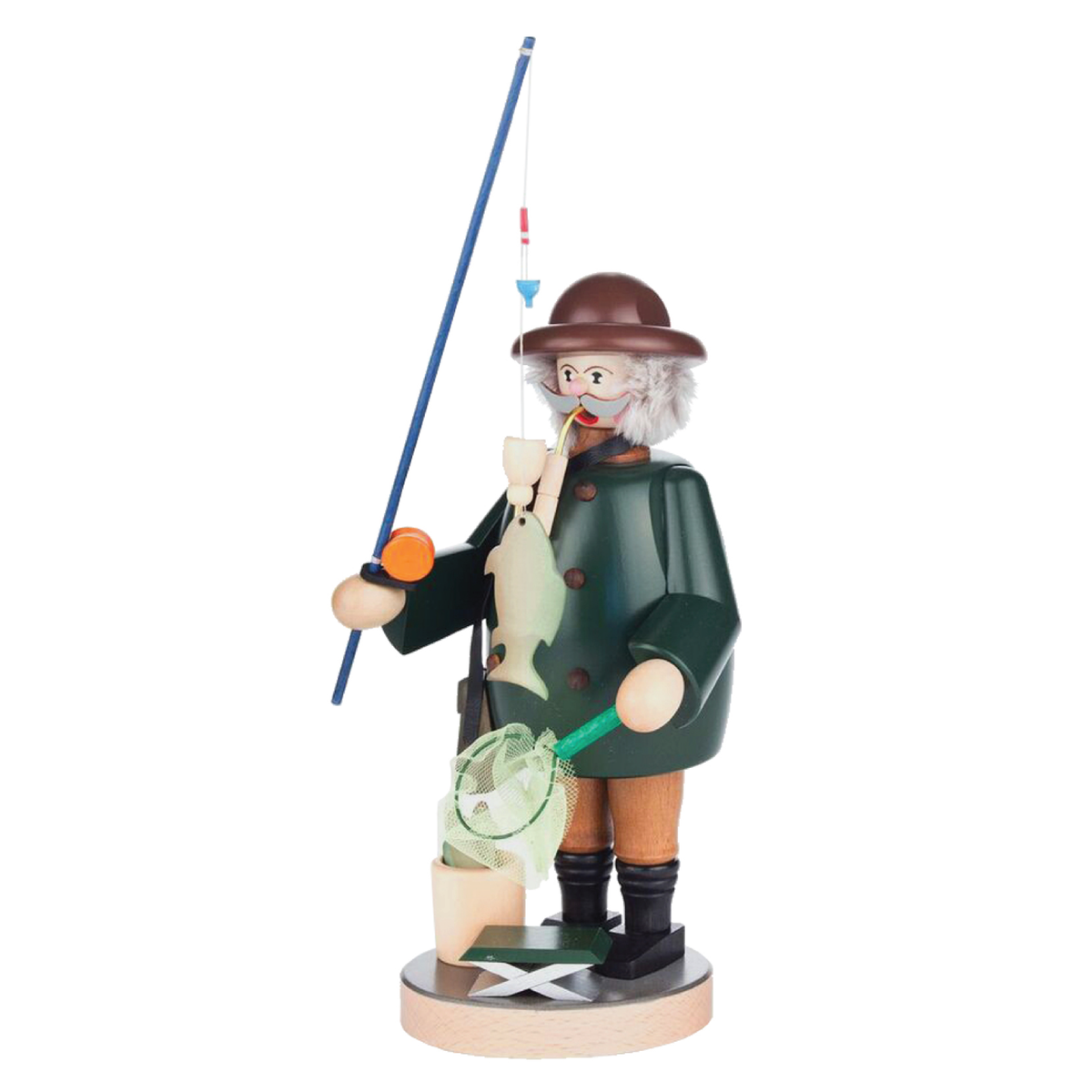 Gone Fishing traditional German wooden incense smoker featuring a fisherman with fishing pole and bucket