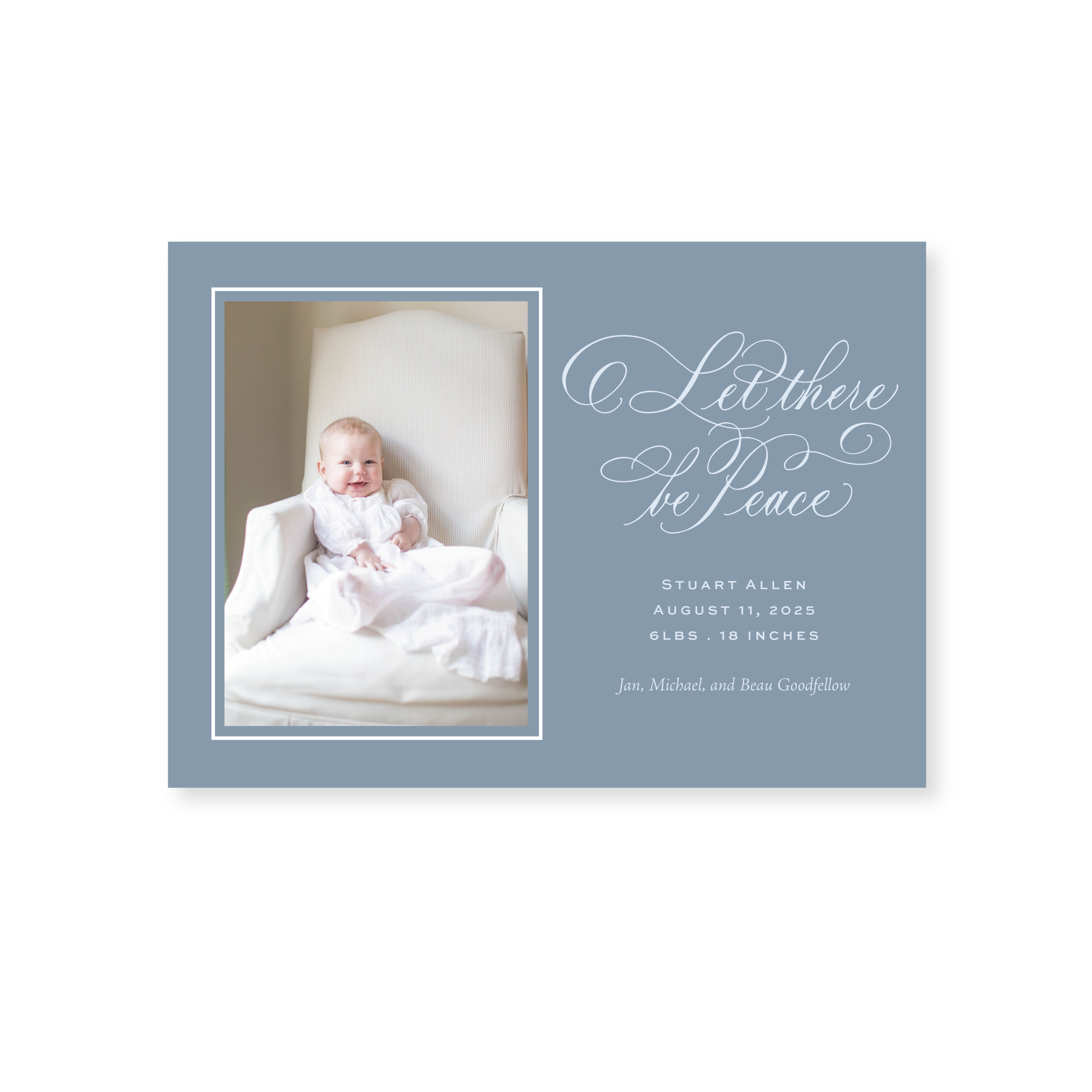 Goodfellow Classic Flat Print Let There Be Peace photo mount holiday card featuring elegant hand-lettered artwork by Stovall Collection.