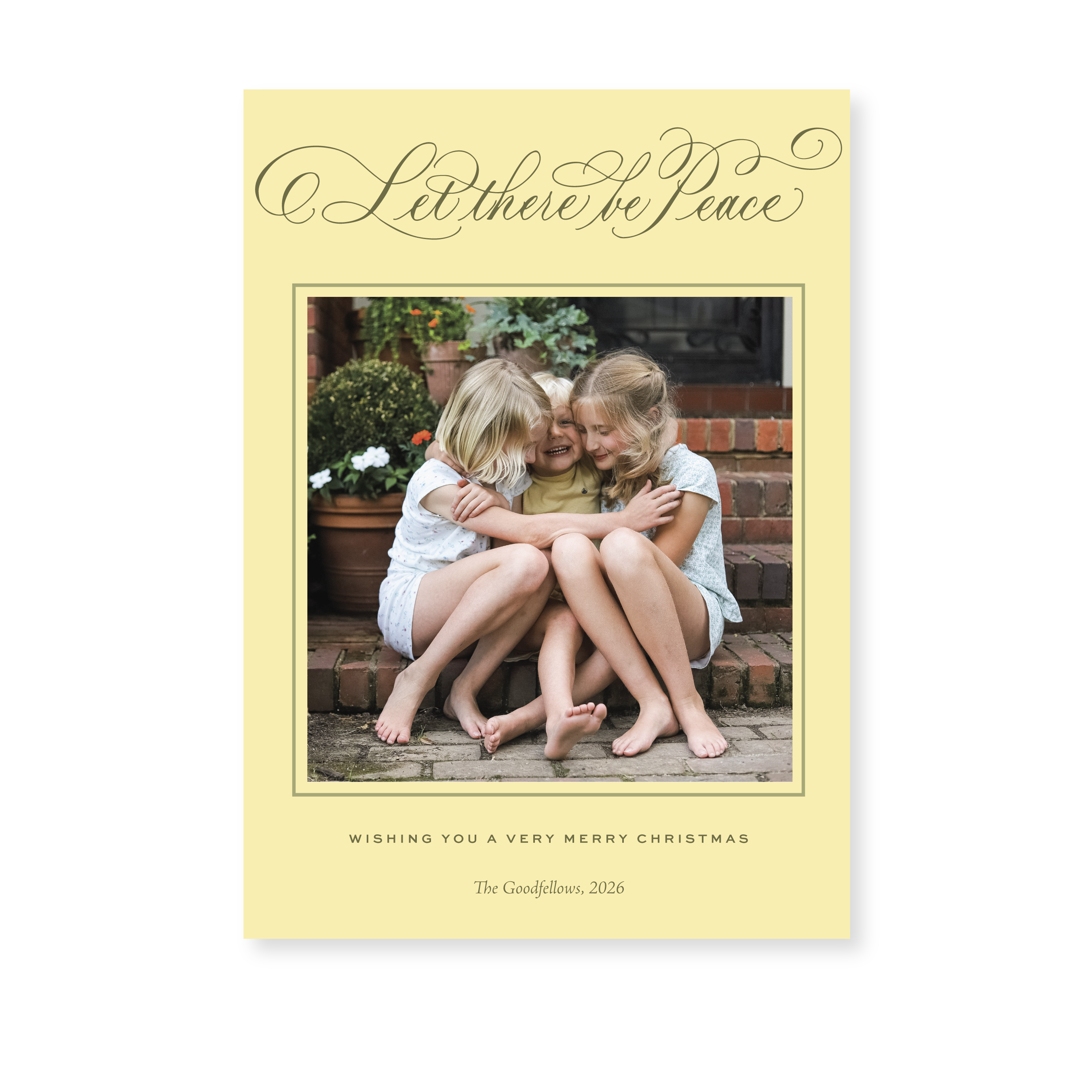 Goodfellow Classic Flat Print Let There Be Peace photo mount holiday card featuring elegant hand-lettered artwork by Stovall Collection.