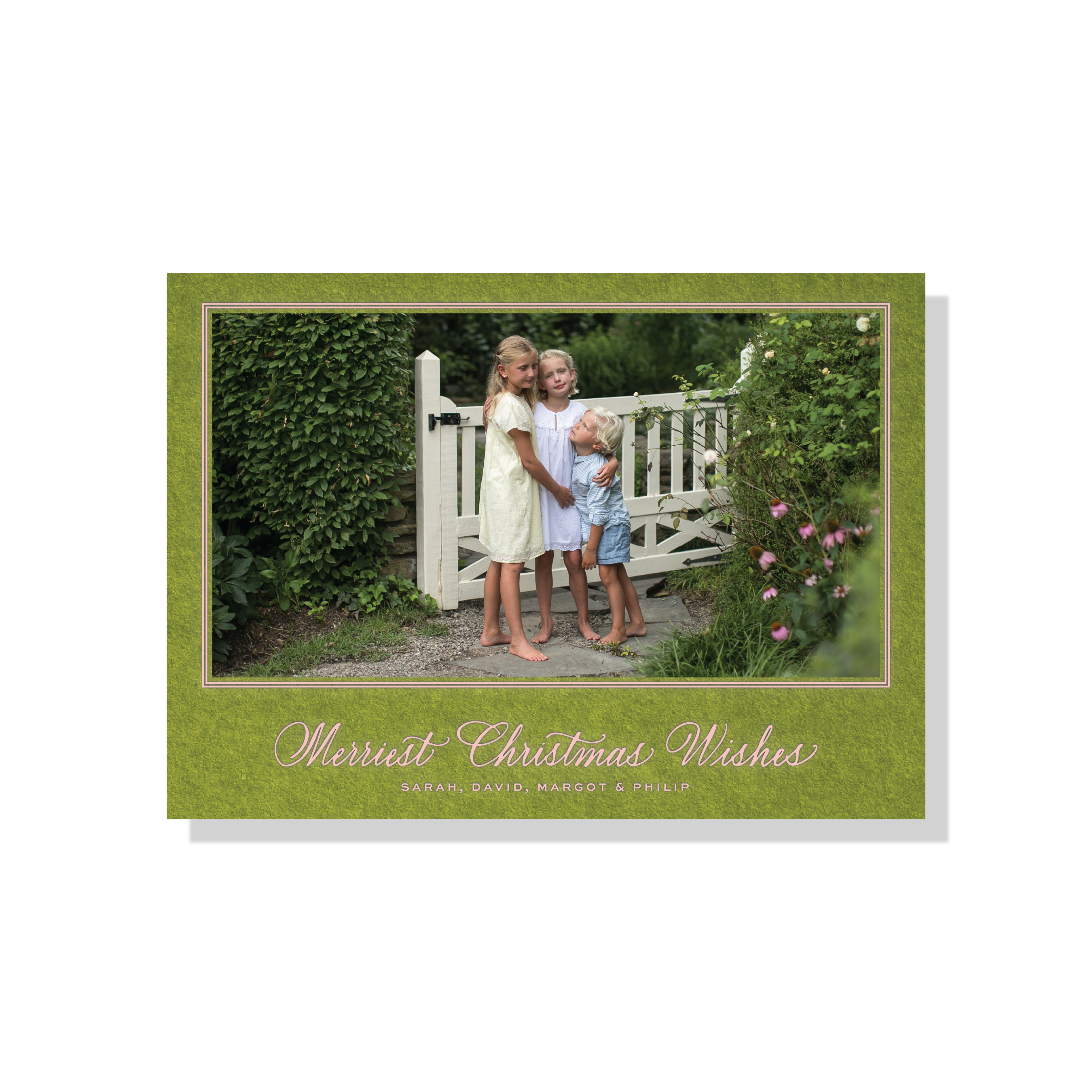 Goodwin Engraved Holiday Card featuring hand-lettered “Merriest Christmas Wishes” artwork, a family photograph, and traditional engraving.