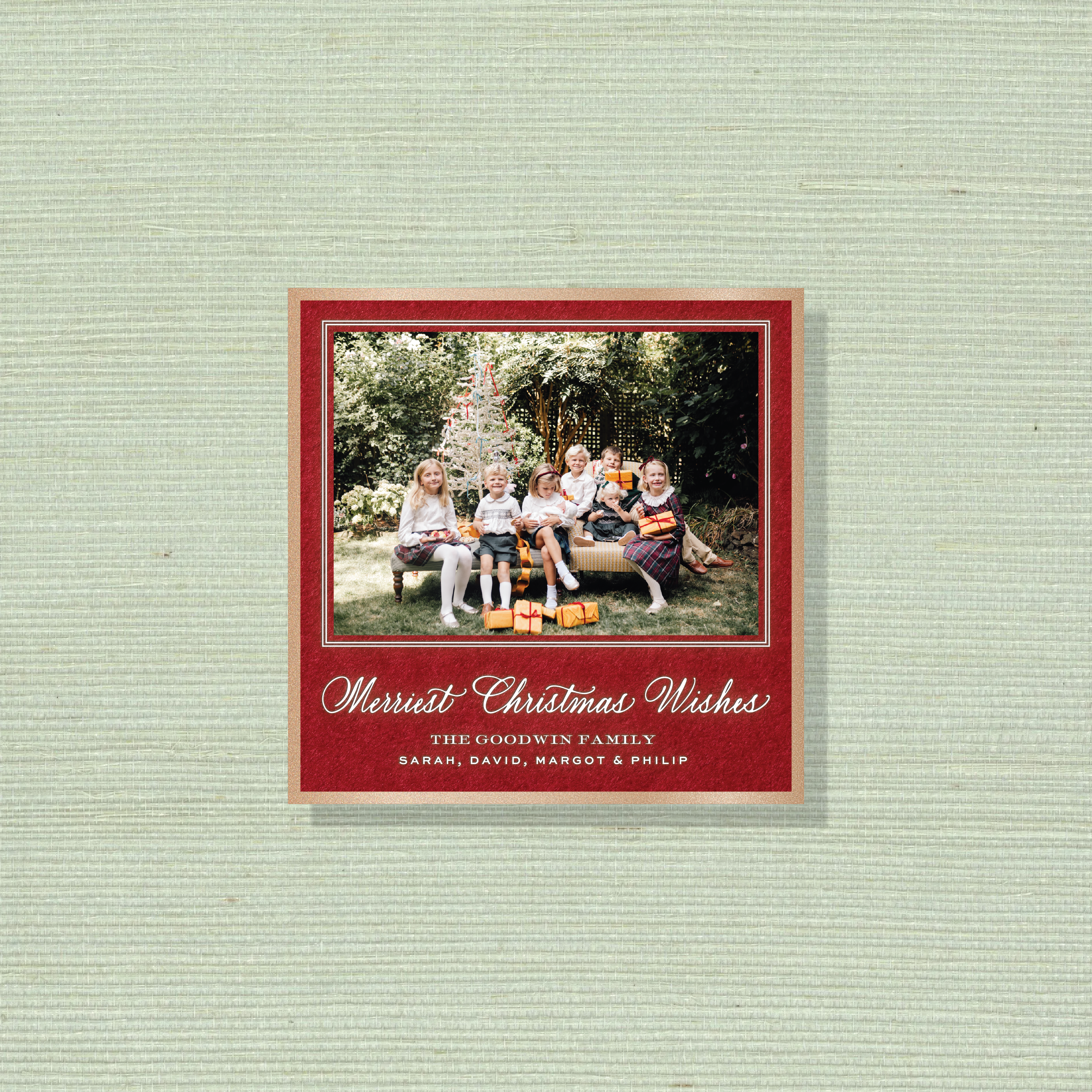Goodwin Engraved Photo Holiday Card featuring elegant “Merriest Christmas Wishes” calligraphy and a treasured family photograph.