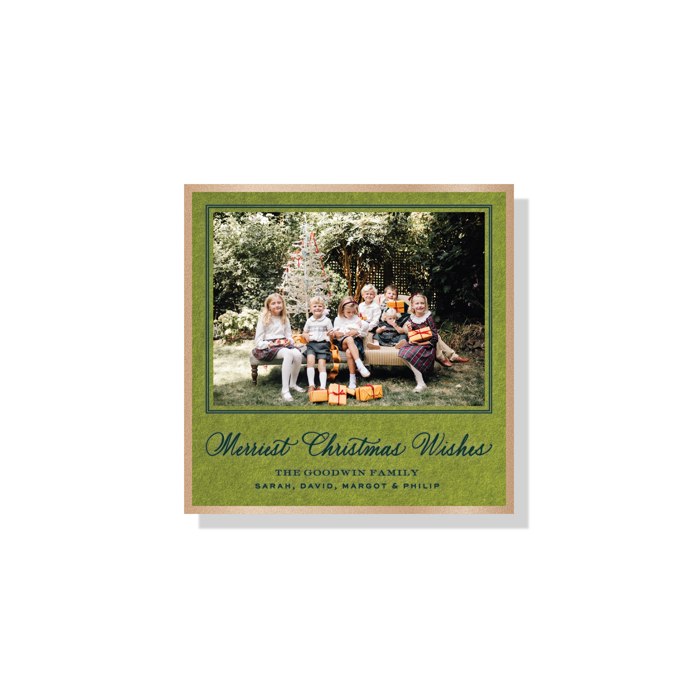 Goodwin Engraved Photo Holiday Card featuring elegant “Merriest Christmas Wishes” calligraphy and a treasured family photograph.