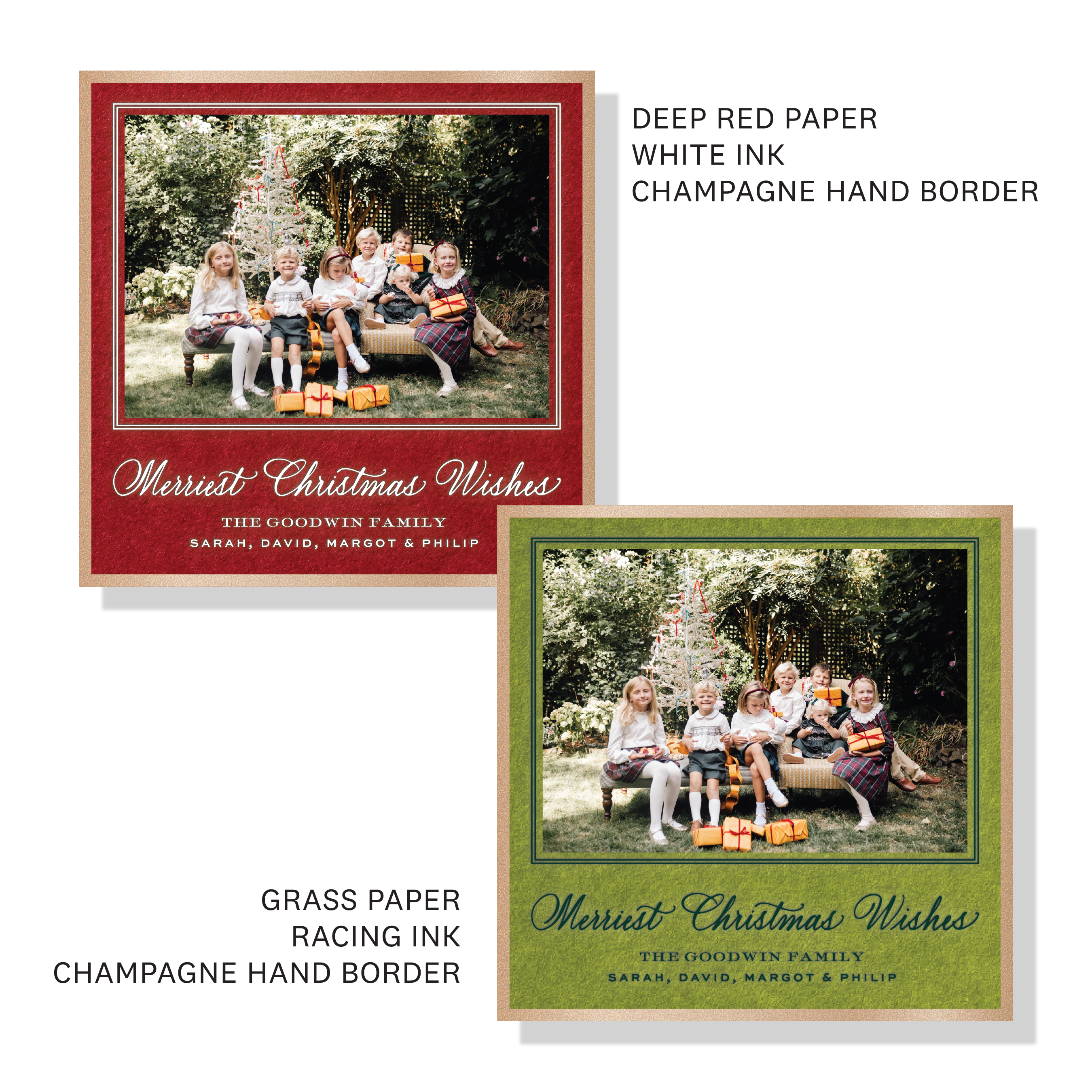 Goodwin Engraved Photo Holiday Card featuring elegant “Merriest Christmas Wishes” calligraphy and a treasured family photograph.