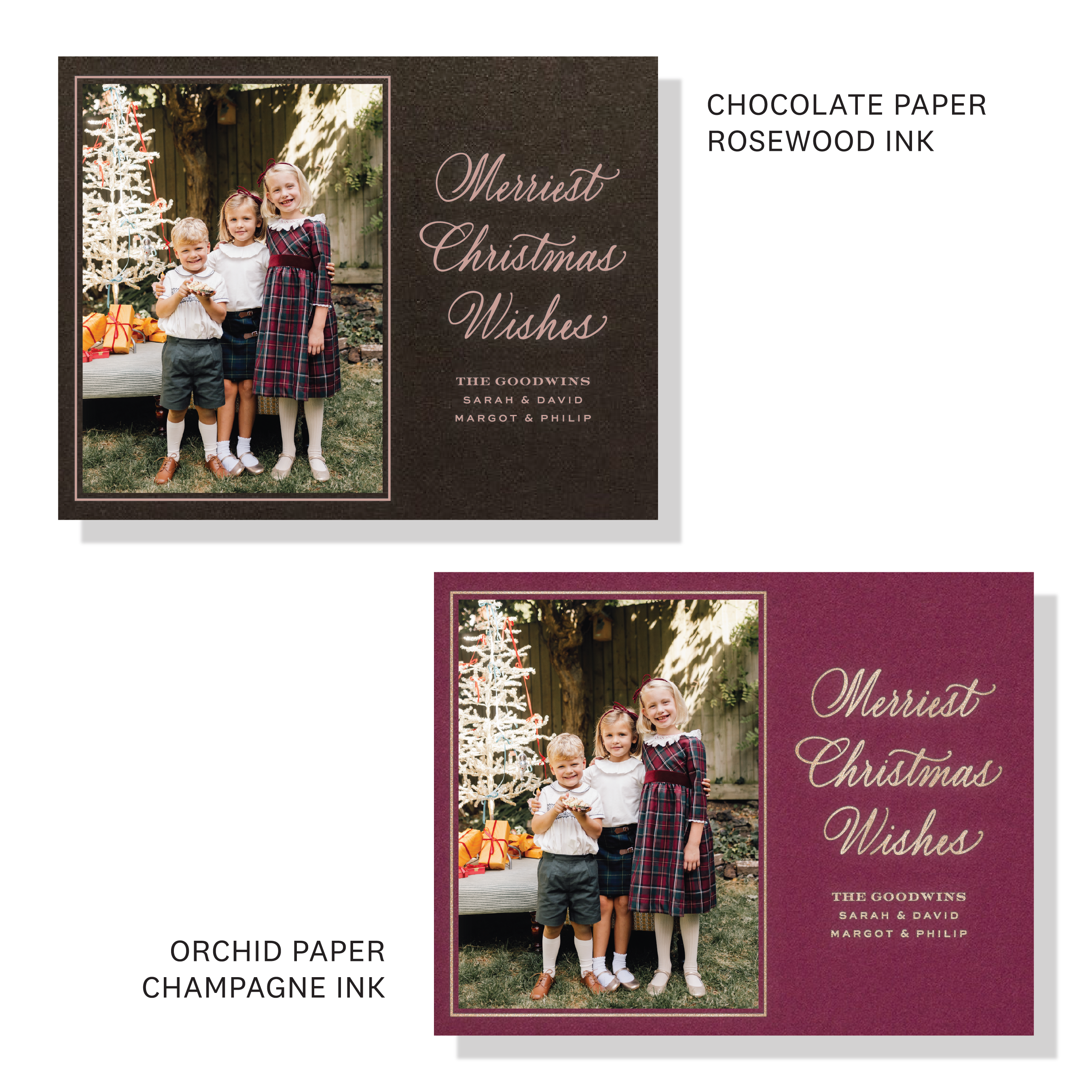 Goodwin Engraved Christmas Photo Card with a vertical family photo, graceful holiday calligraphy, and crisp raised engraved details.
