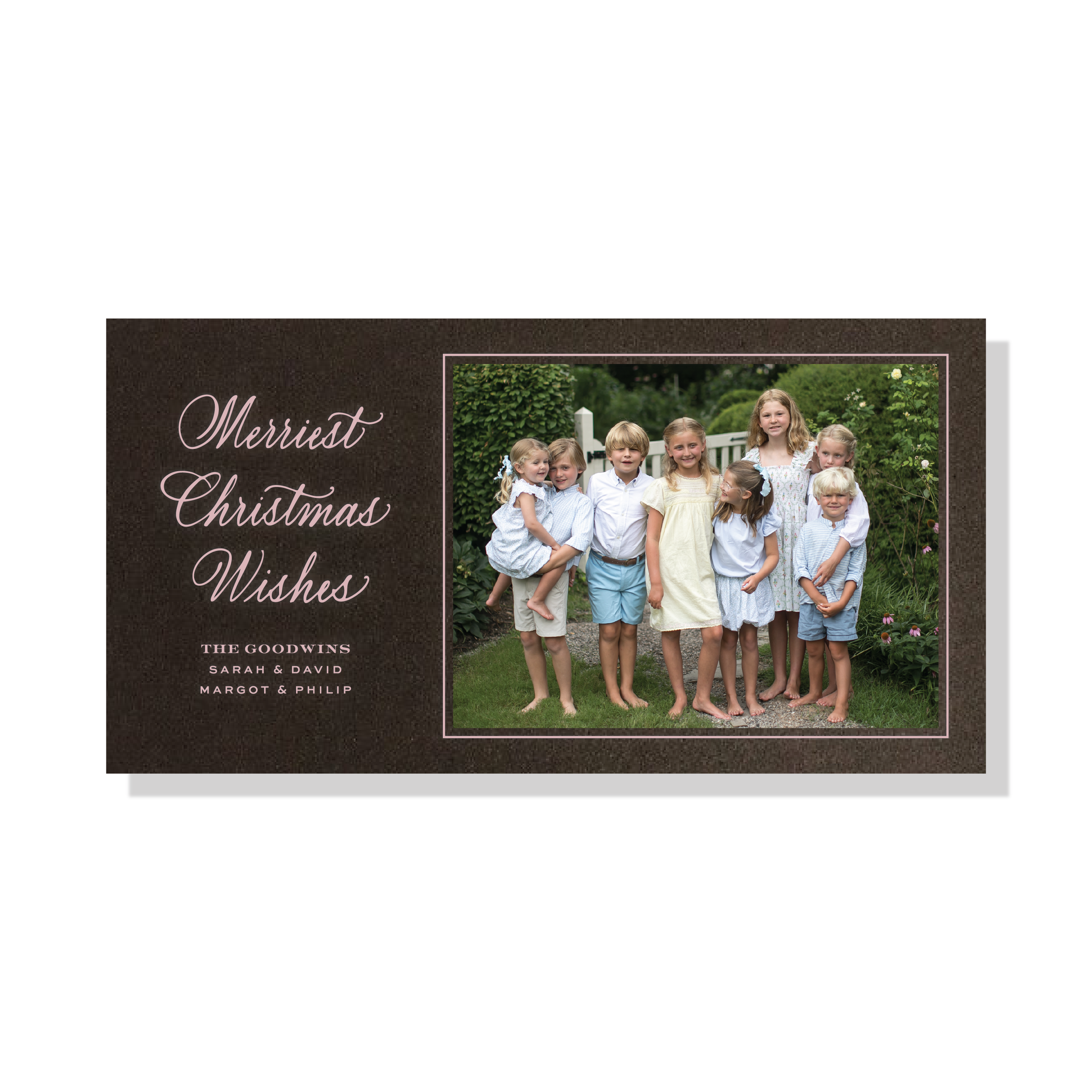 Goodwin Engraved Holiday Card featuring hand-lettered “Merriest Christmas Wishes” artwork, a family photograph, and traditional engraving.
