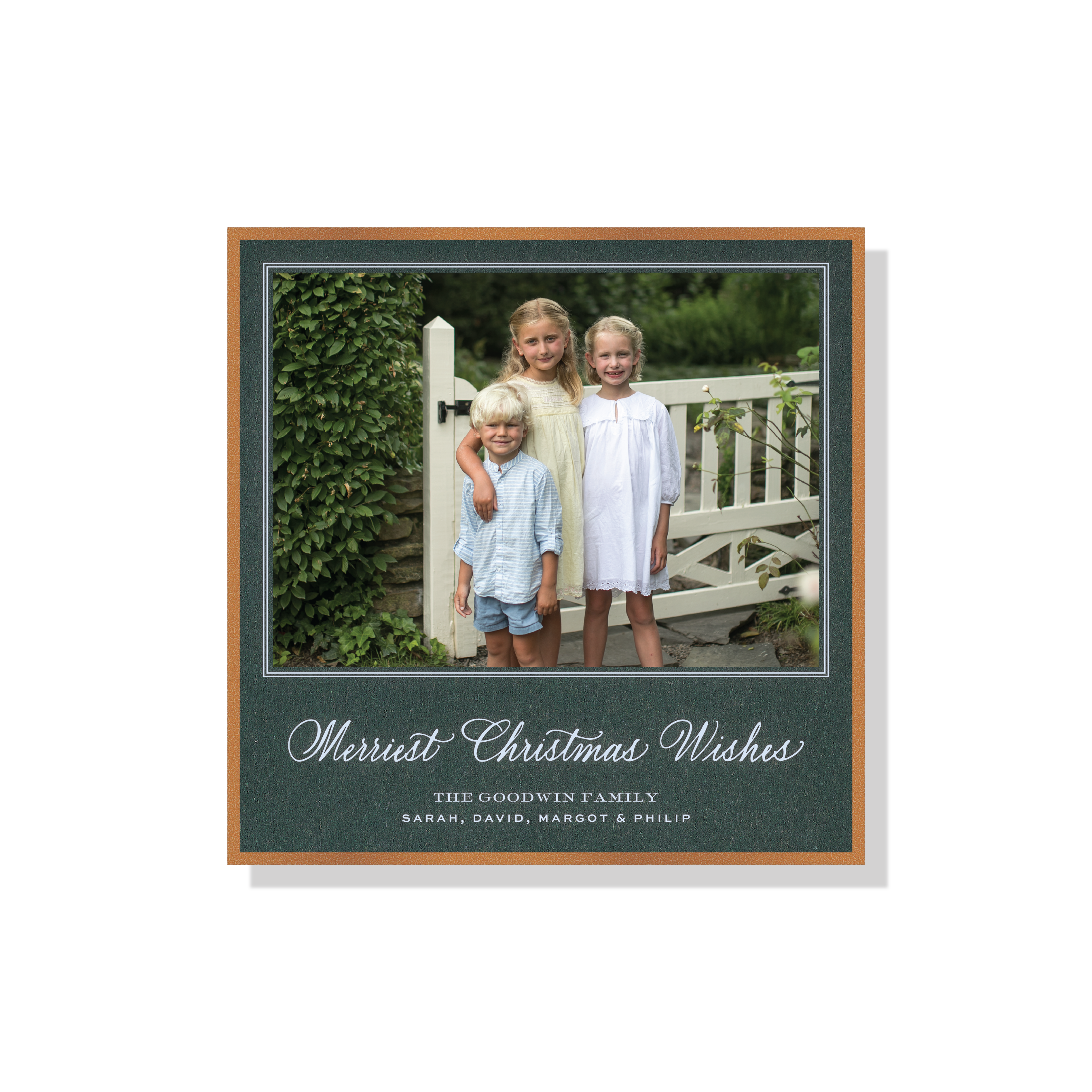 Luxury Goodwin Engraved Holiday Card featuring a family photograph and elegant “Merriest Christmas Wishes” hand-lettering.
