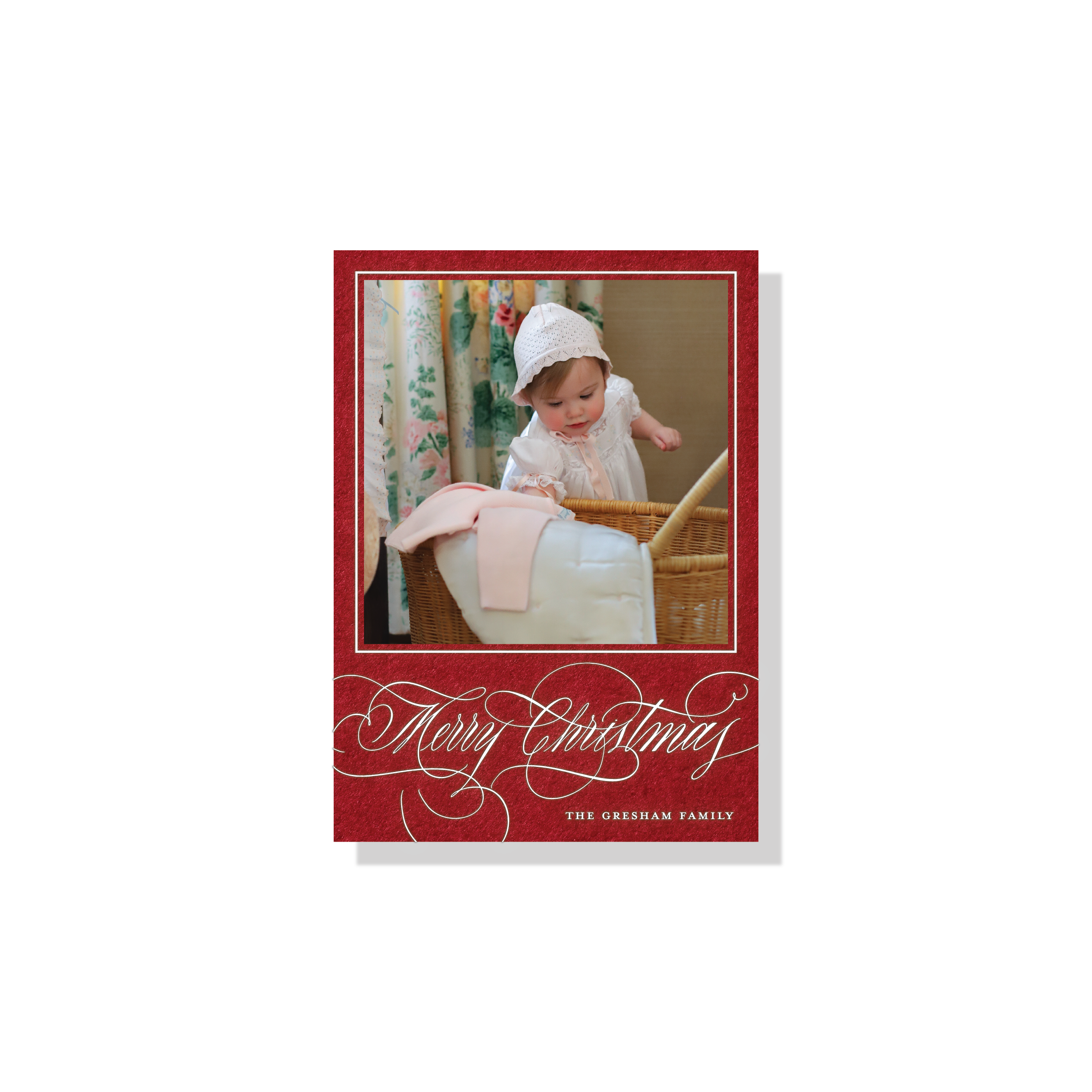 Gresham Engraved Christmas Photo Card with a child’s portrait, elegant hand-lettered “Merry Christmas” flourishes, and traditional engraving.