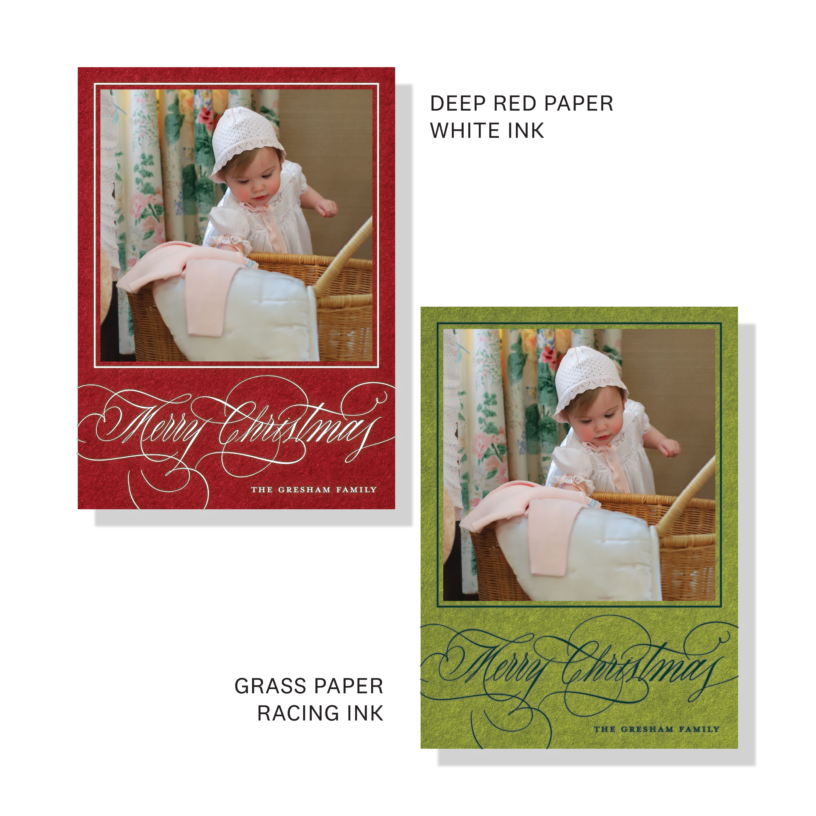 Gresham Engraved Christmas Photo Card with a child’s portrait, elegant hand-lettered “Merry Christmas” flourishes, and traditional engraving.