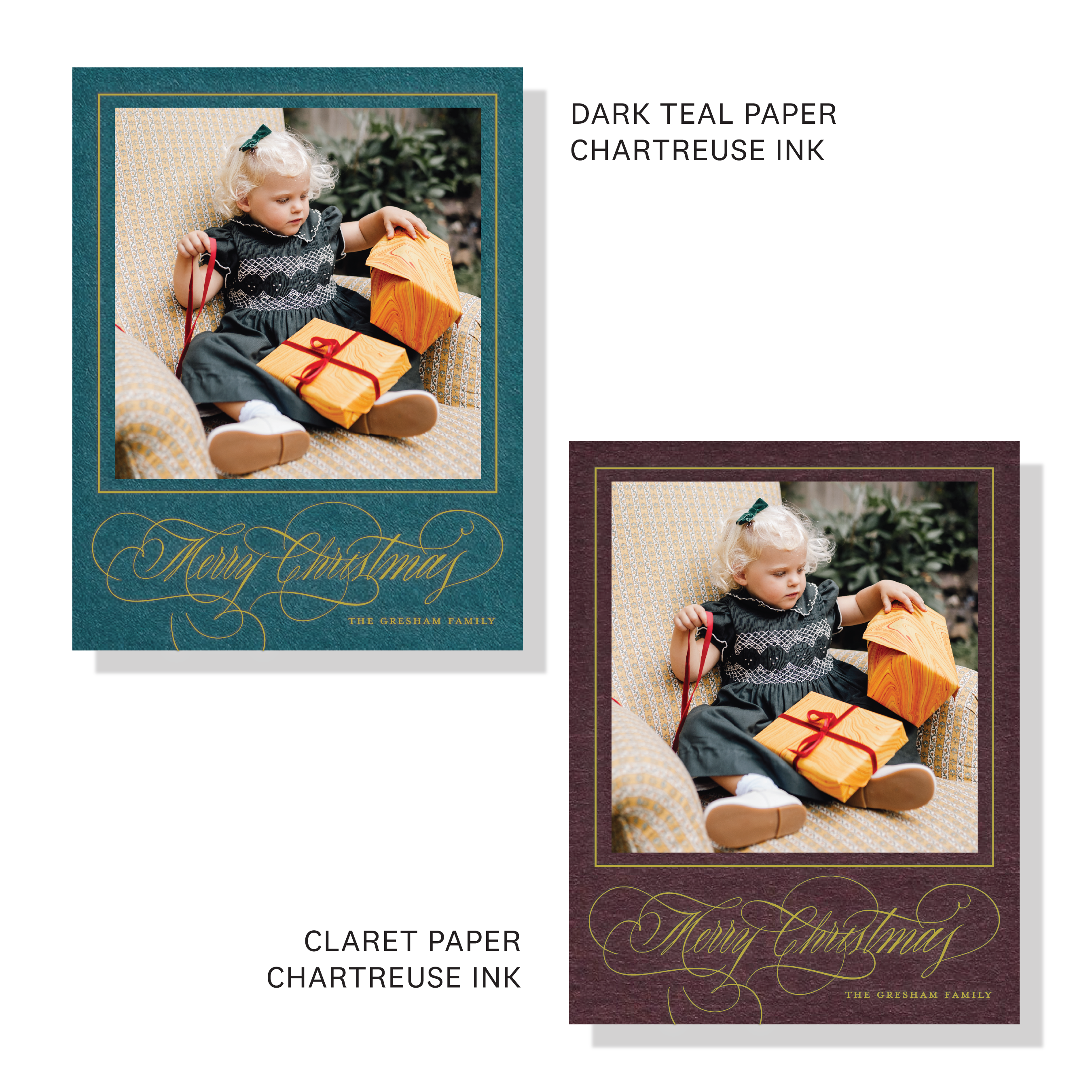 Gresham Engraved Christmas Photo Card with a child’s portrait, elegant hand-lettered “Merry Christmas” flourishes, and traditional engraving.