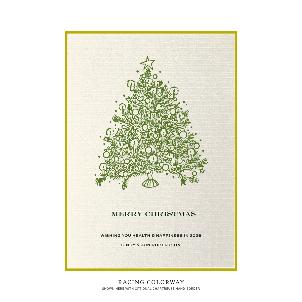Personalized non-photo Christmas card by Stovall Collection featuring a vintage Christmas tree, customizable holiday greeting and classic typography on creamy laid paper.
