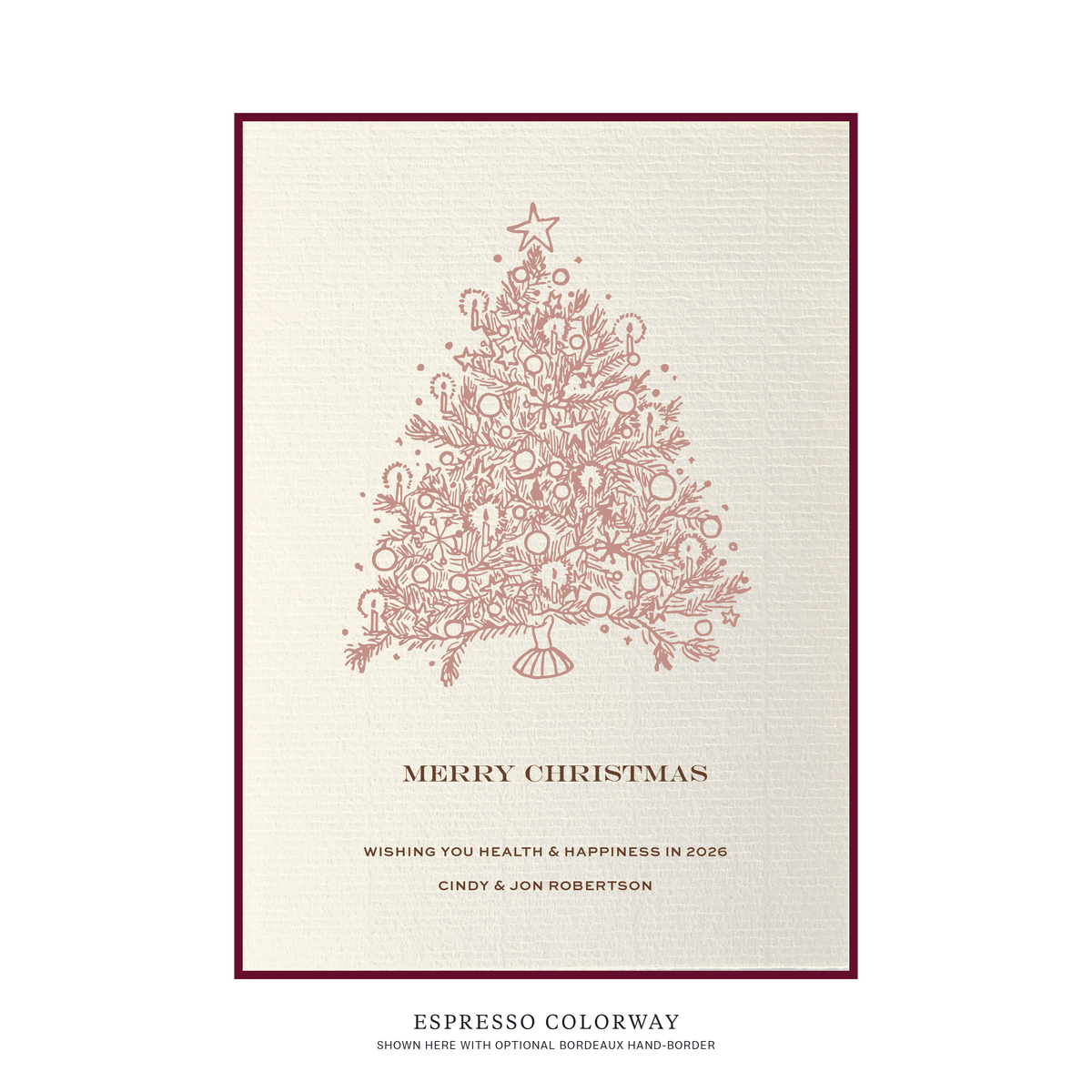 Personalized non-photo Christmas card by Stovall Collection featuring a vintage Christmas tree, customizable holiday greeting and classic typography on creamy laid paper.