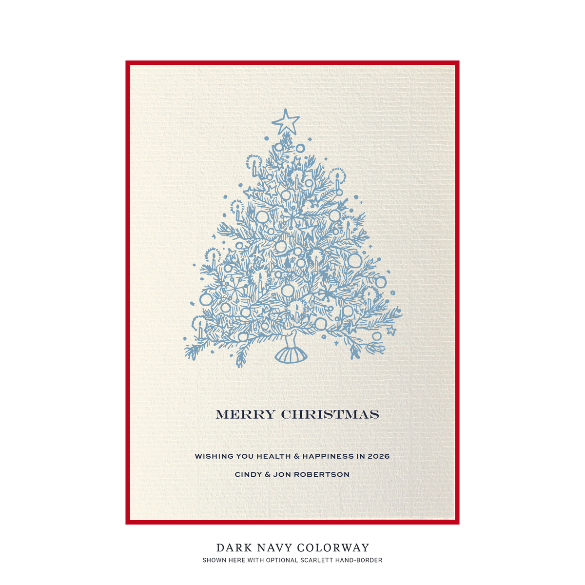 Personalized non-photo Christmas card by Stovall Collection featuring a vintage Christmas tree, customizable holiday greeting and classic typography on creamy laid paper.