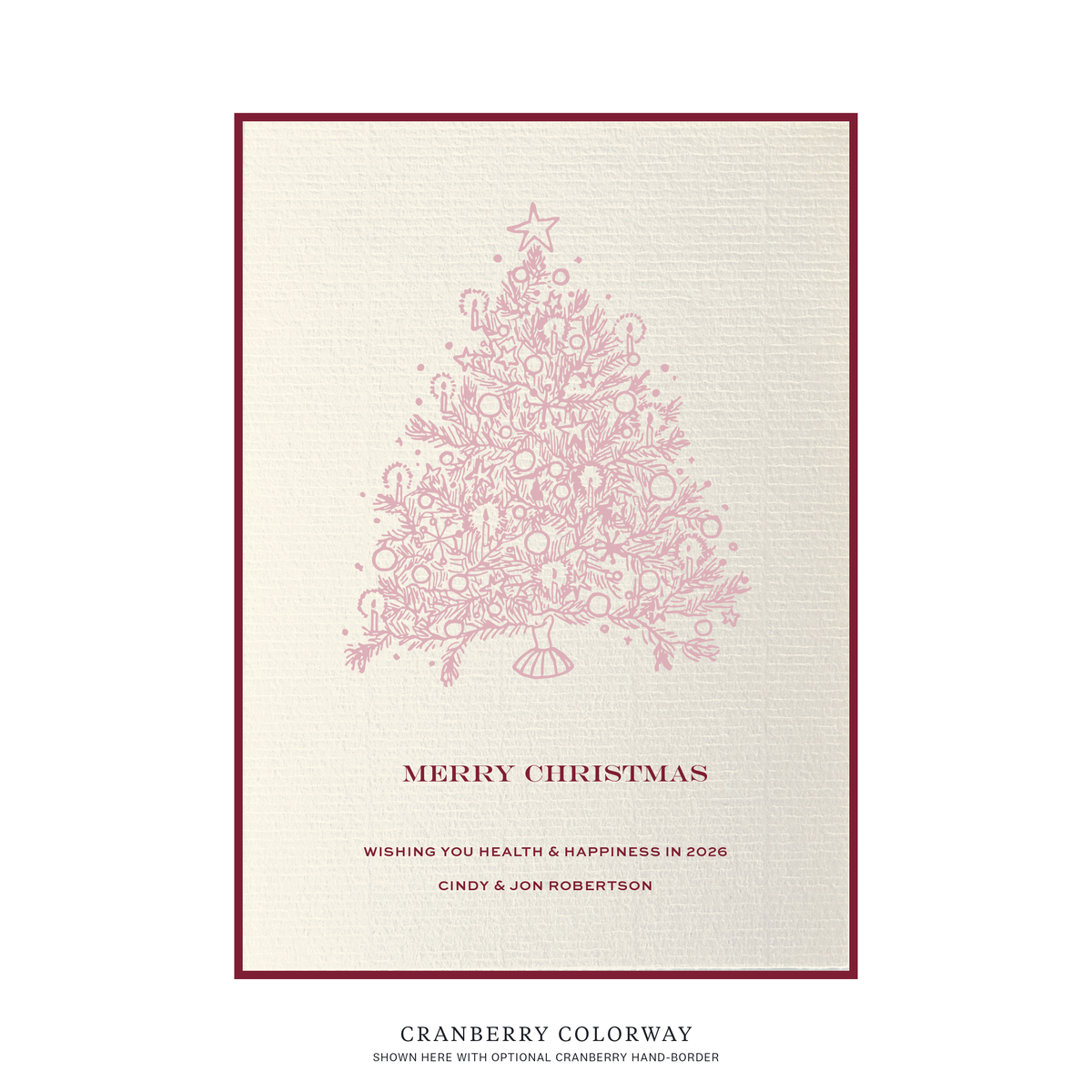 Personalized non-photo Christmas card by Stovall Collection featuring a vintage Christmas tree, customizable holiday greeting and classic typography on creamy laid paper.