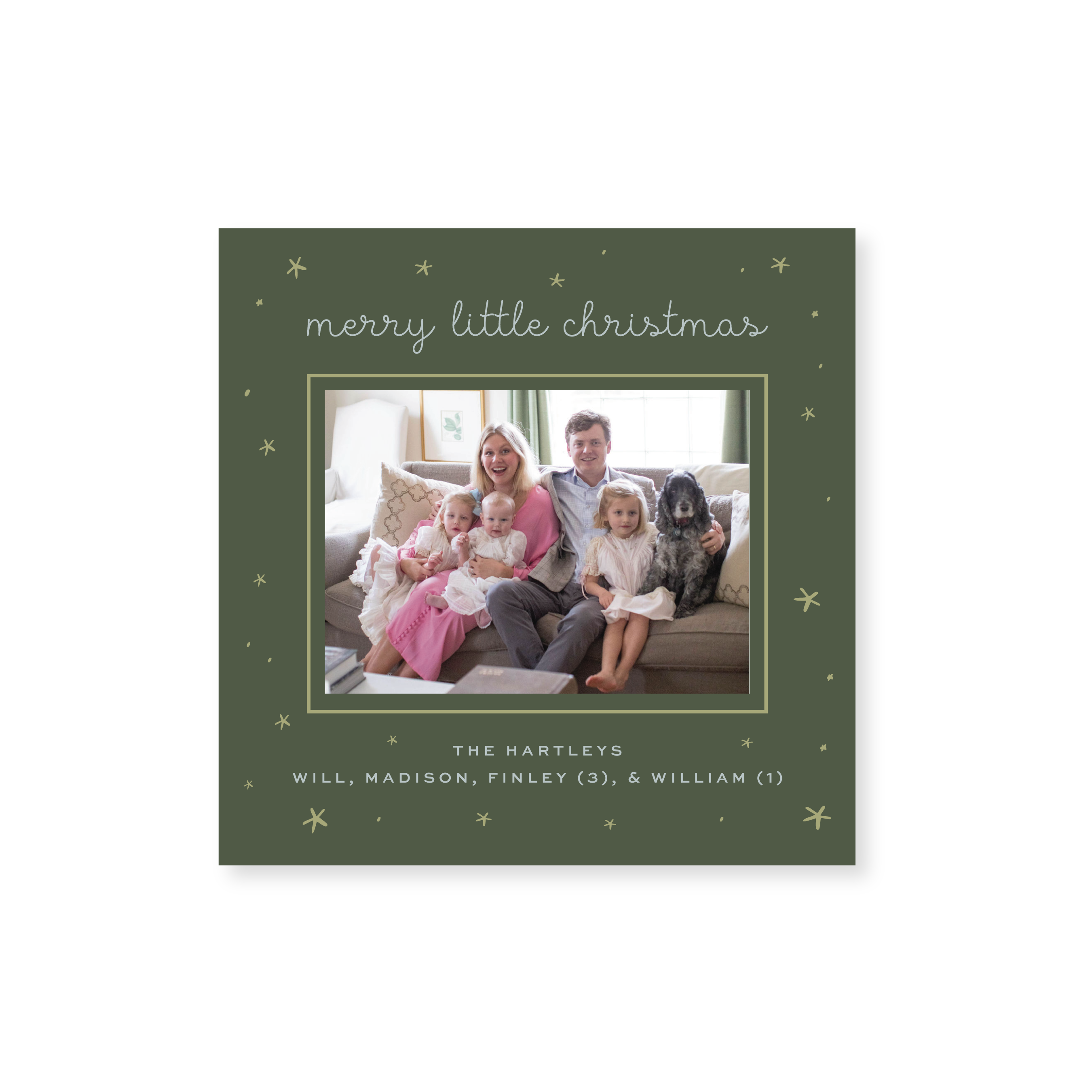 Hartley Classic Flat Print personalized photo mount holiday card featuring customizable handwritten-inspired typography and playful star illustrations by Stovall Collection.