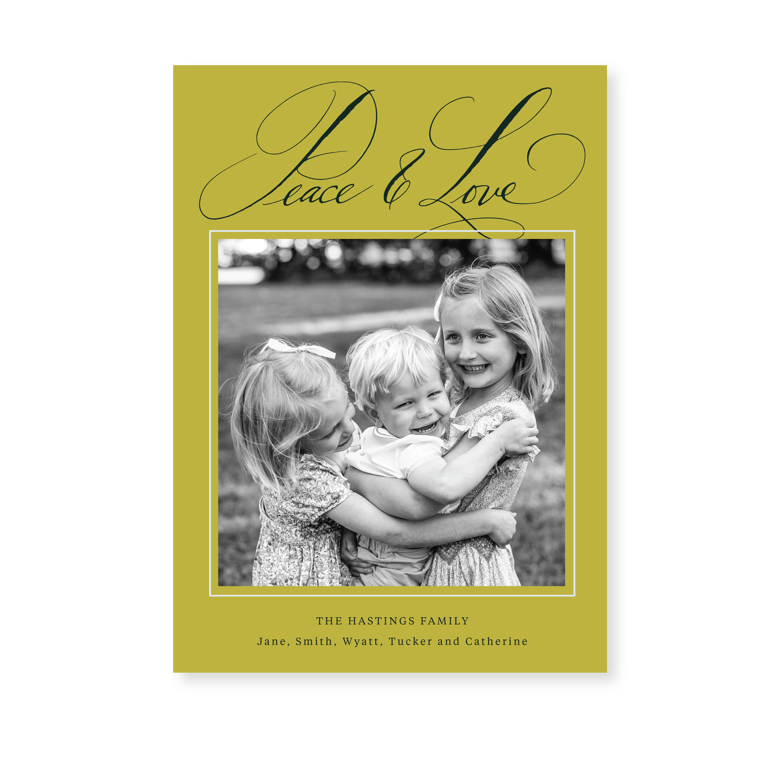 Hastings Classic Flat Print Peace & Love photo holiday card featuring original pen-and-ink artwork by Stovall Collection.