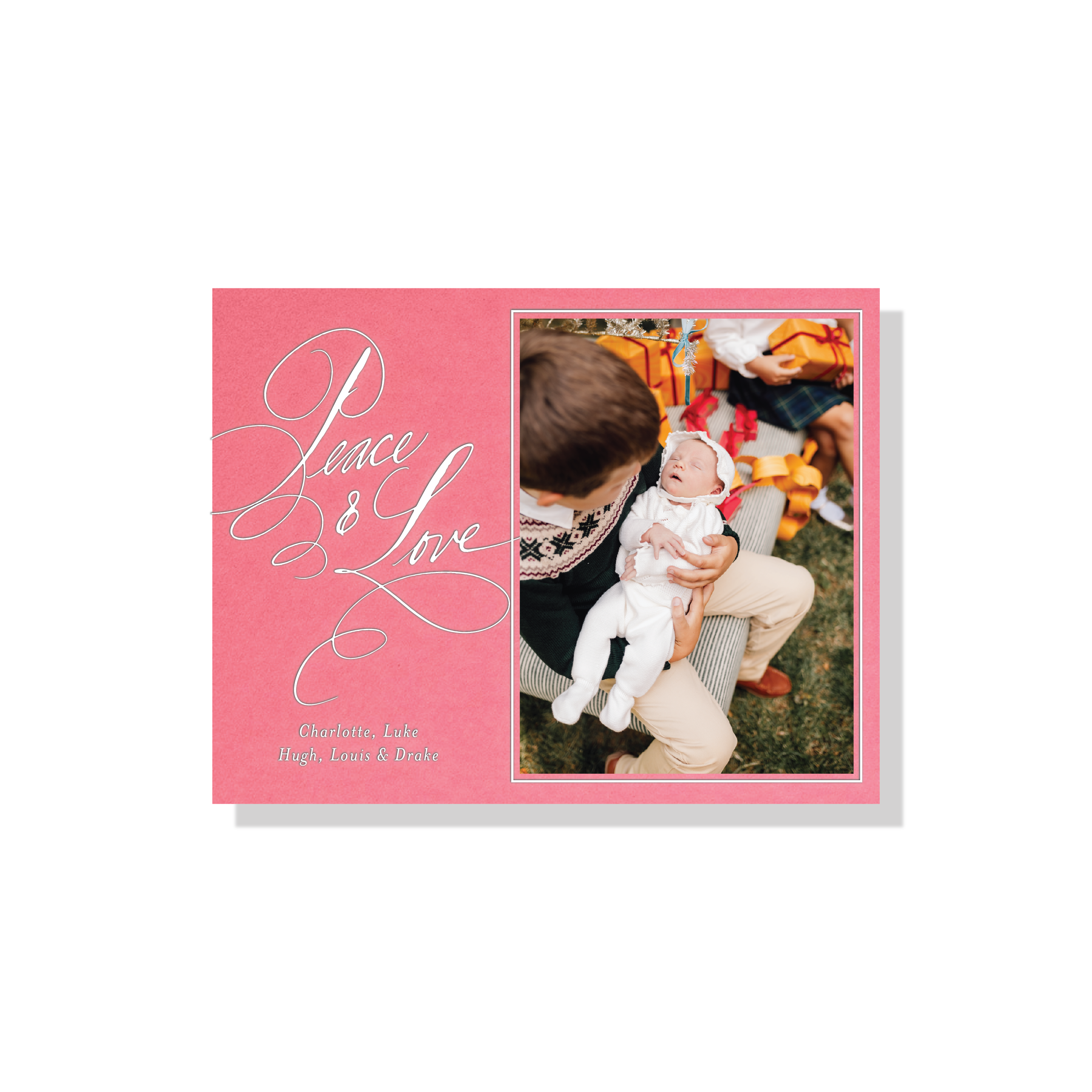 Hastings Engraved Holiday Card featuring hand-lettered “Peace & Love” artwork, a favorite family photograph, and traditional engraved details.