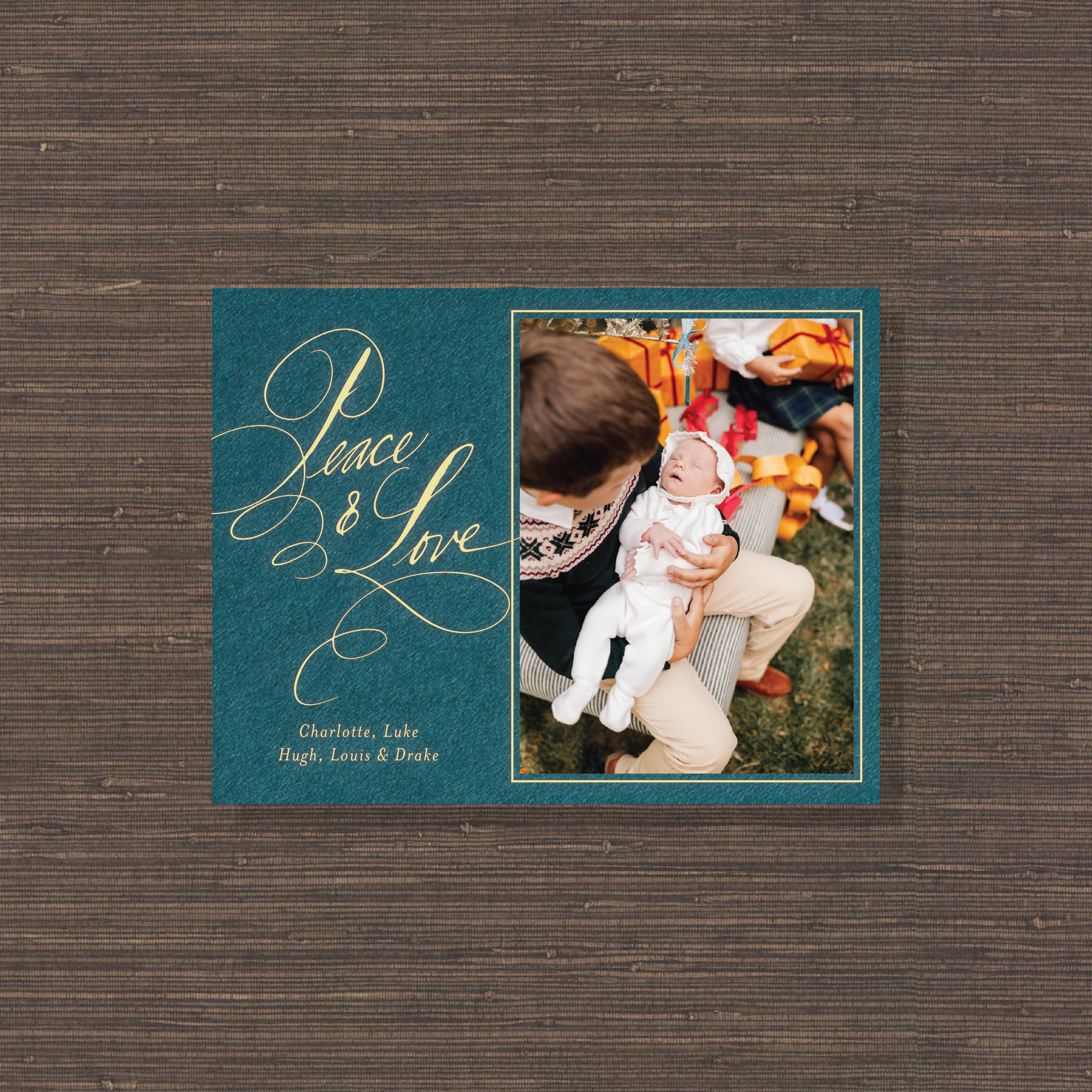 Hastings Engraved Holiday Card featuring hand-lettered “Peace & Love” artwork, a favorite family photograph, and traditional engraved details.