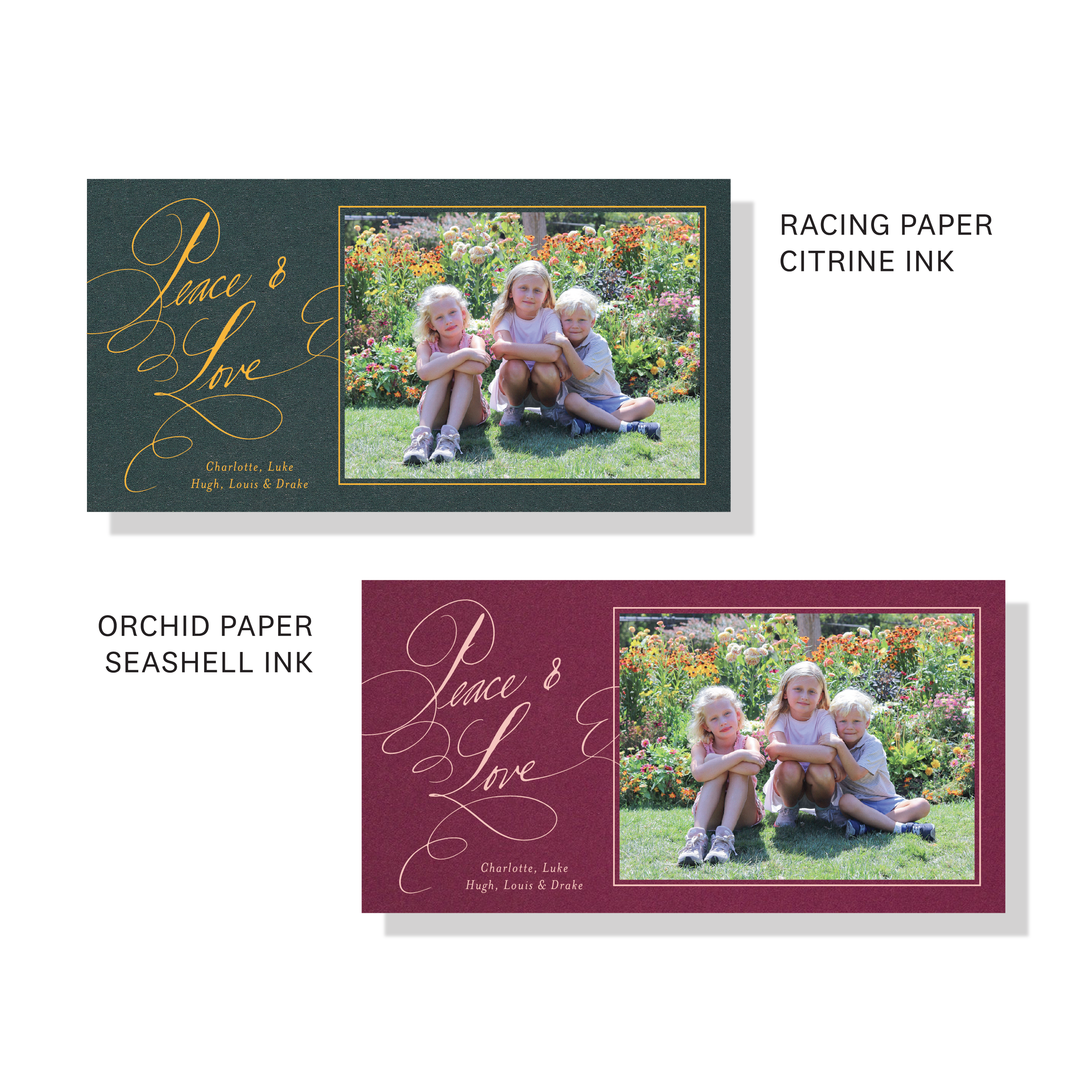 Personalized Hastings Engraved Holiday Card featuring a family photograph and graceful pen-and-ink “Peace & Love” lettering.