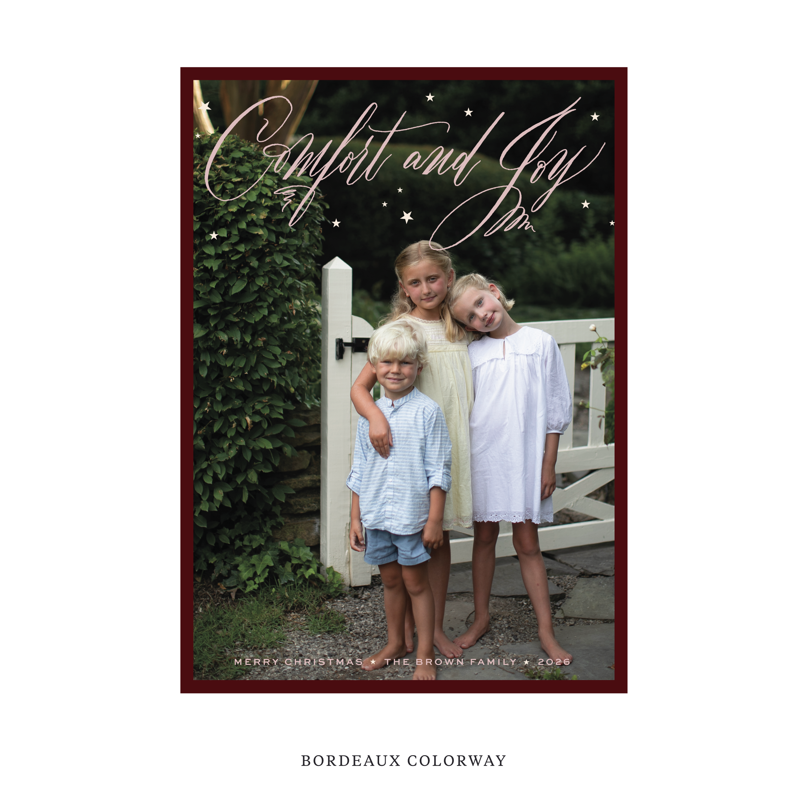 Celebrate the season with the Hawthorne "Comfort and Joy" Holiday Card by Stovall Collection. Featuring original hand-lettered artwork, this luxury personalized photo mount holiday card is available in 22 thoughtfully curated flat printing colorways.
