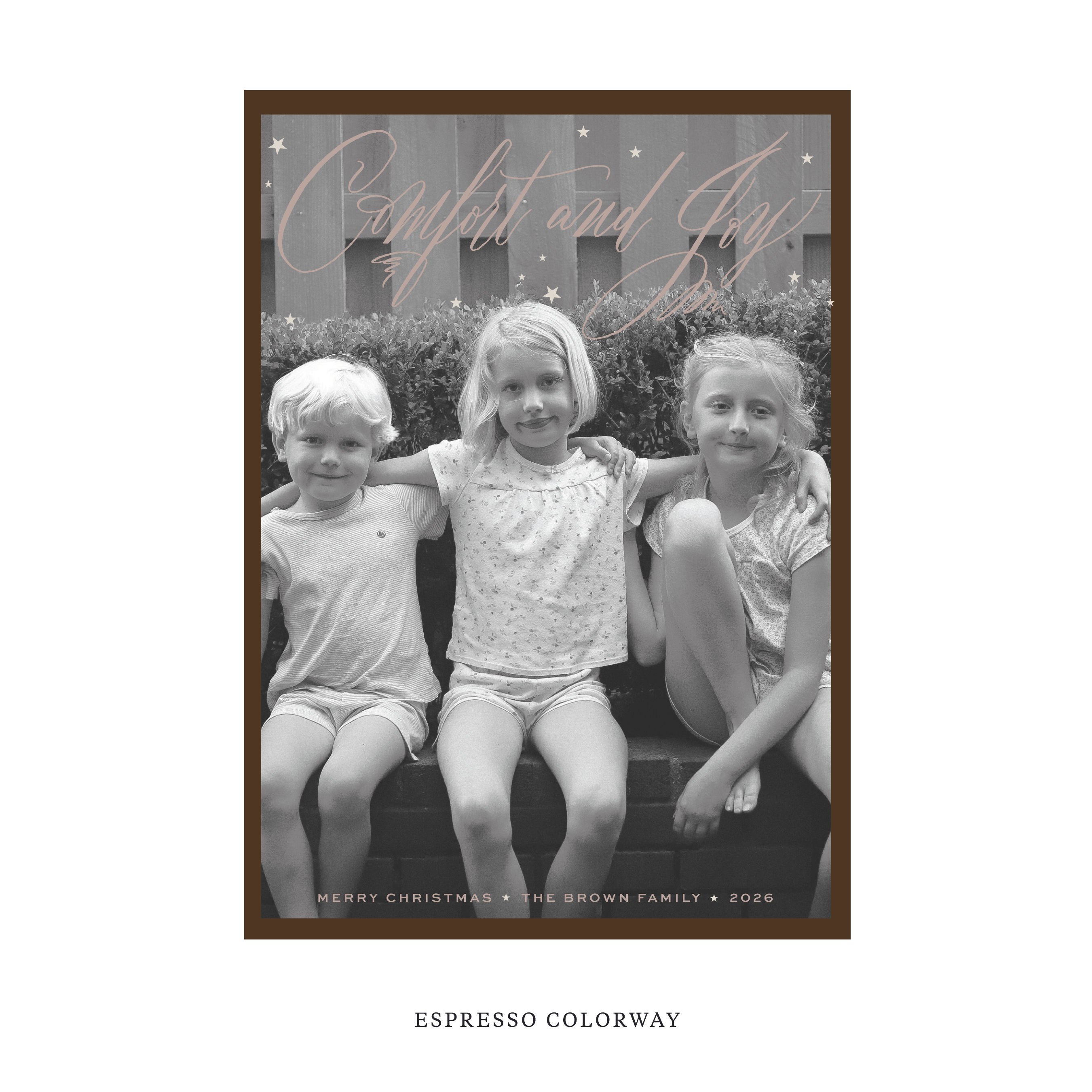 Celebrate the season with the Hawthorne "Comfort and Joy" Holiday Card by Stovall Collection. Featuring original hand-lettered artwork, this luxury personalized photo mount holiday card is available in 22 thoughtfully curated flat printing colorways.