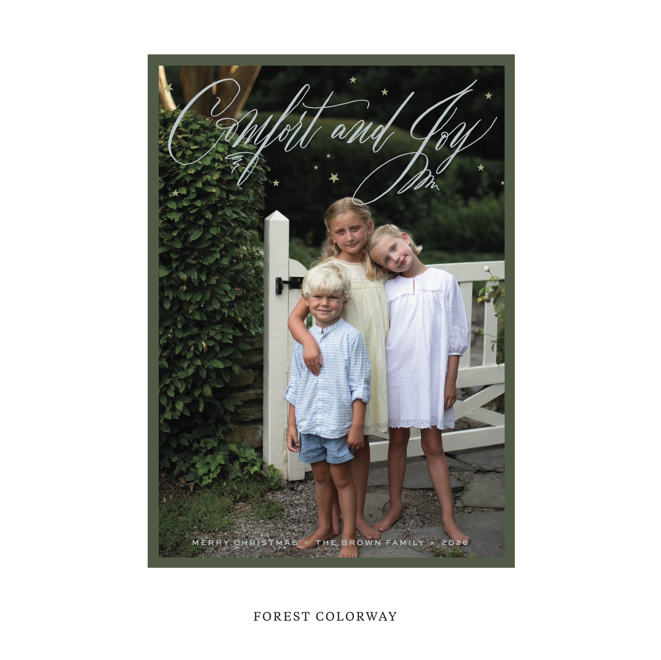 Celebrate the season with the Hawthorne "Comfort and Joy" Holiday Card by Stovall Collection. Featuring original hand-lettered artwork, this luxury personalized photo mount holiday card is available in 22 thoughtfully curated flat printing colorways.