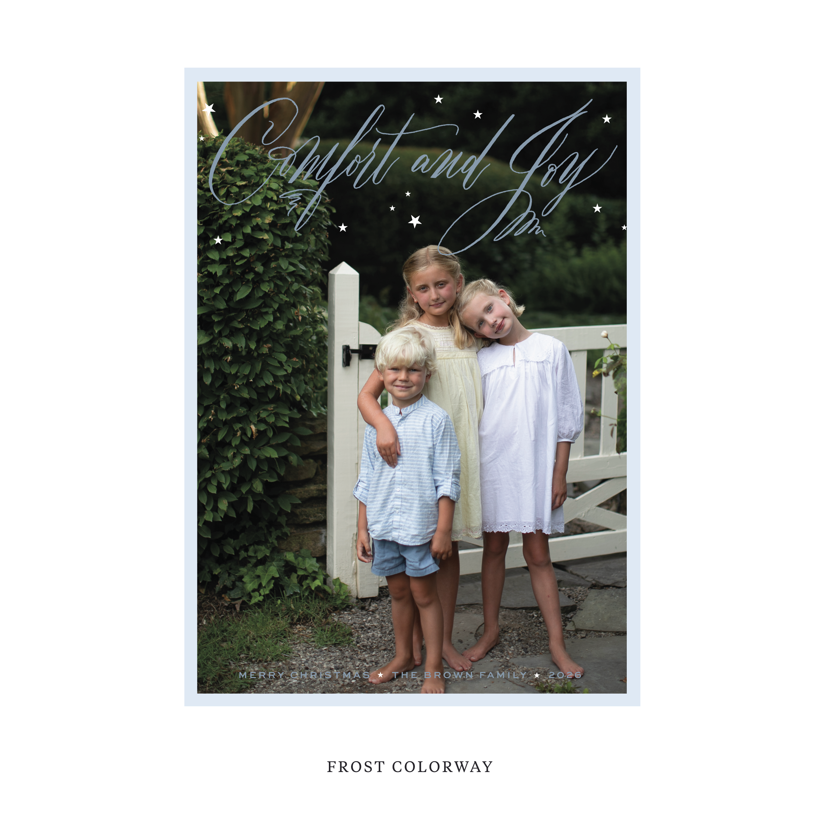 Celebrate the season with the Hawthorne "Comfort and Joy" Holiday Card by Stovall Collection. Featuring original hand-lettered artwork, this luxury personalized photo mount holiday card is available in 22 thoughtfully curated flat printing colorways.