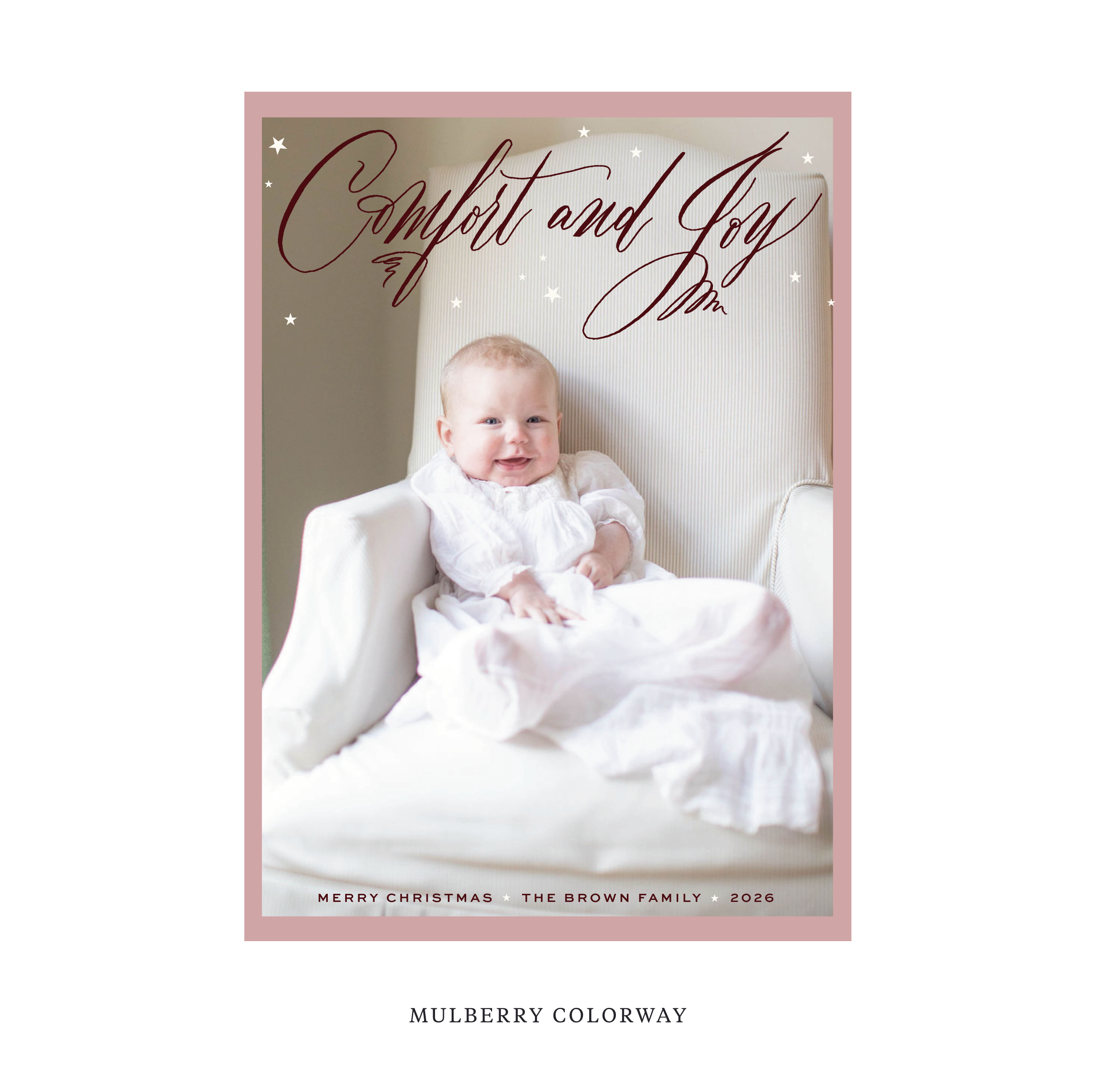 Celebrate the season with the Hawthorne "Comfort and Joy" Holiday Card by Stovall Collection. Featuring original hand-lettered artwork, this luxury personalized photo mount holiday card is available in 22 thoughtfully curated flat printing colorways.