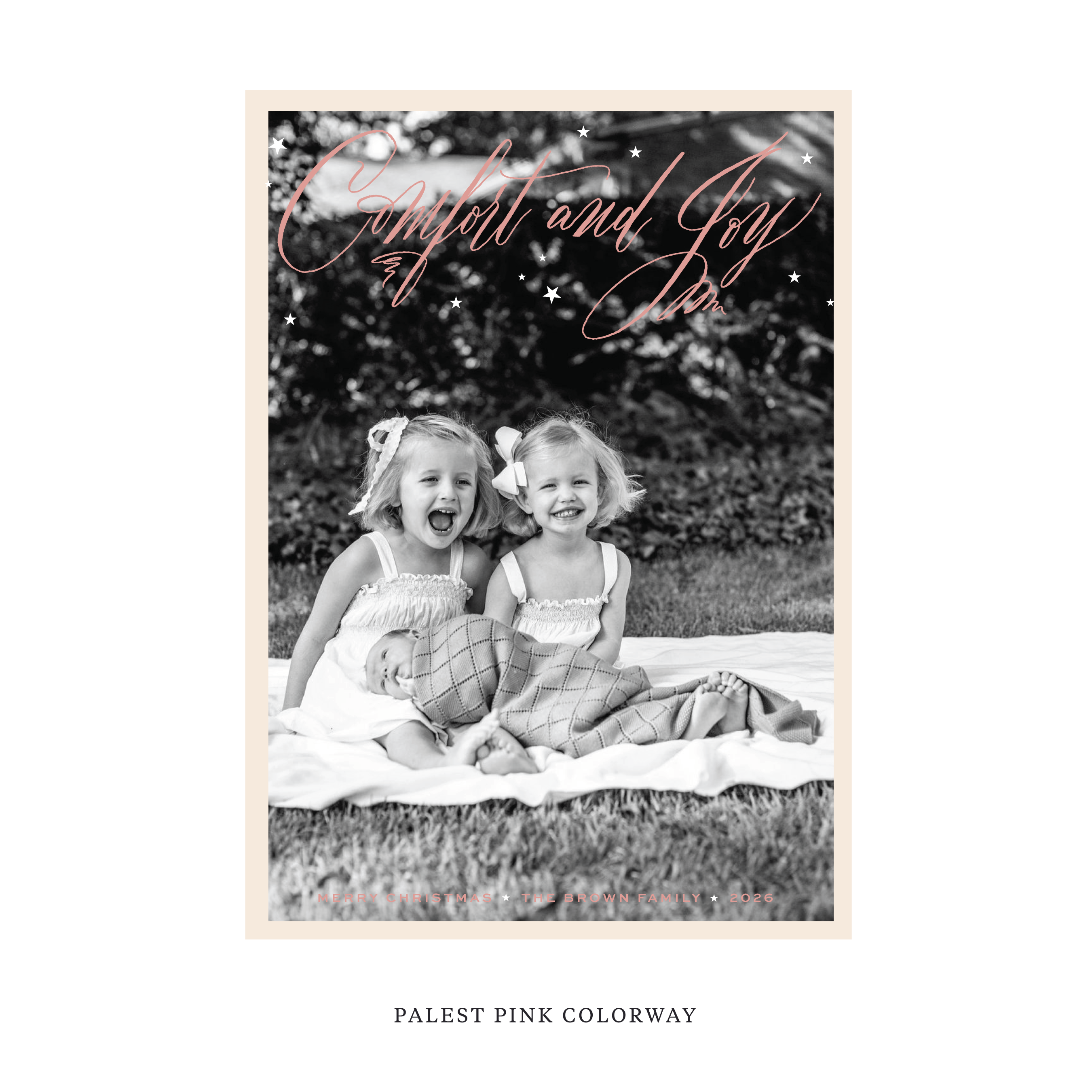 Celebrate the season with the Hawthorne "Comfort and Joy" Holiday Card by Stovall Collection. Featuring original hand-lettered artwork, this luxury personalized photo mount holiday card is available in 22 thoughtfully curated flat printing colorways.