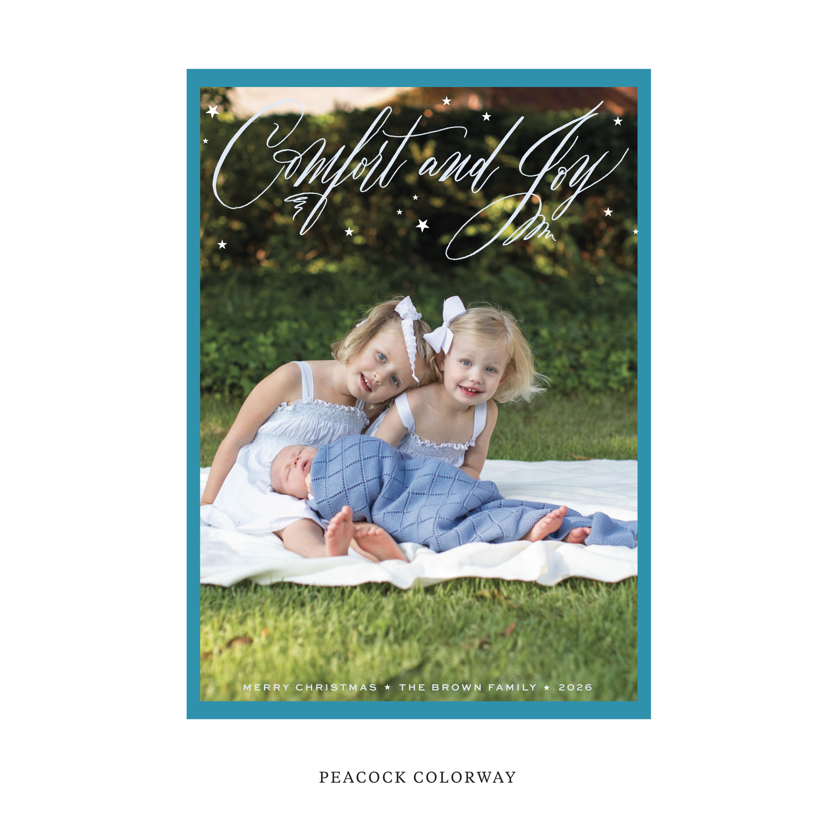 Celebrate the season with the Hawthorne "Comfort and Joy" Holiday Card by Stovall Collection. Featuring original hand-lettered artwork, this luxury personalized photo mount holiday card is available in 22 thoughtfully curated flat printing colorways.