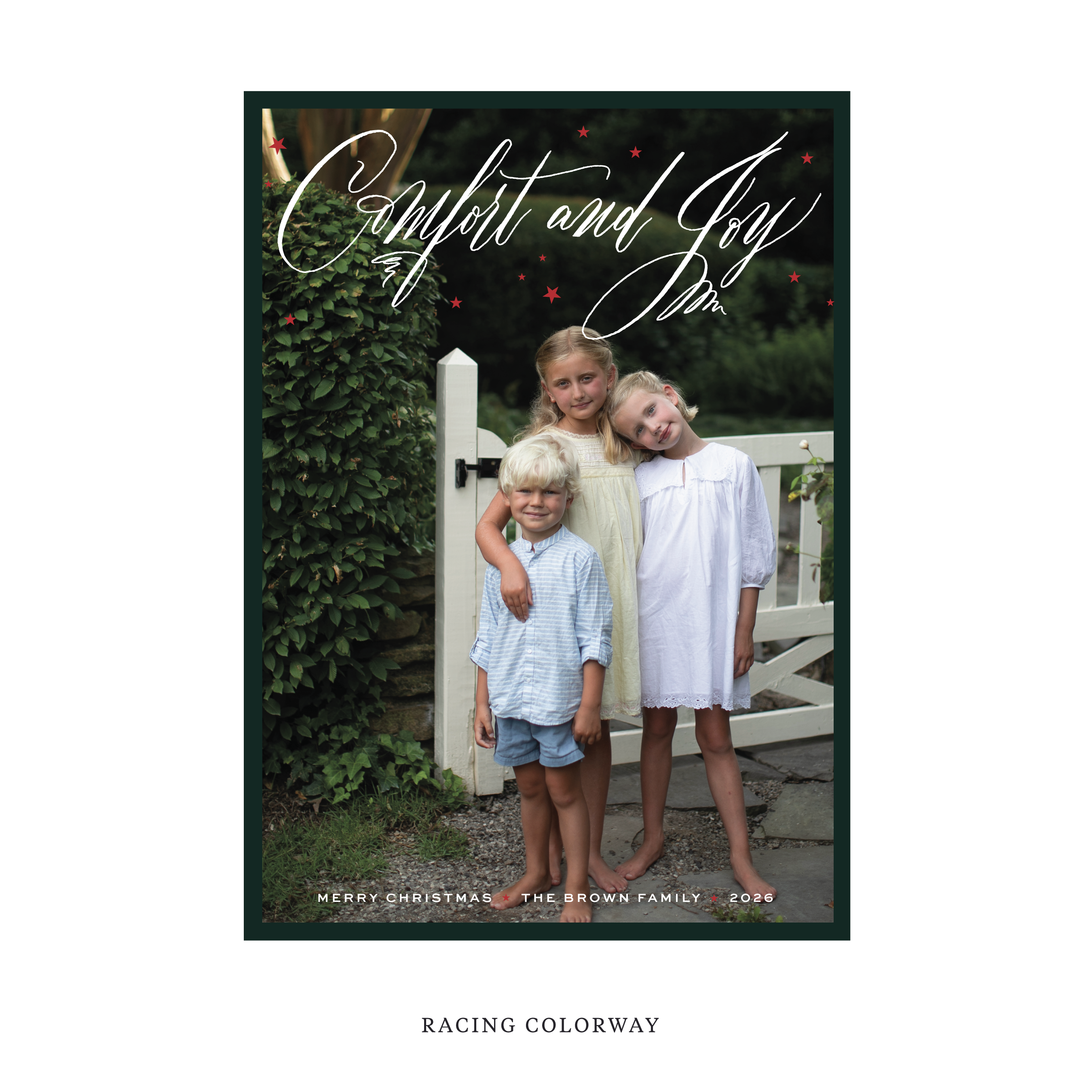 Celebrate the season with the Hawthorne "Comfort and Joy" Holiday Card by Stovall Collection. Featuring original hand-lettered artwork, this luxury personalized photo mount holiday card is available in 22 thoughtfully curated flat printing colorways.