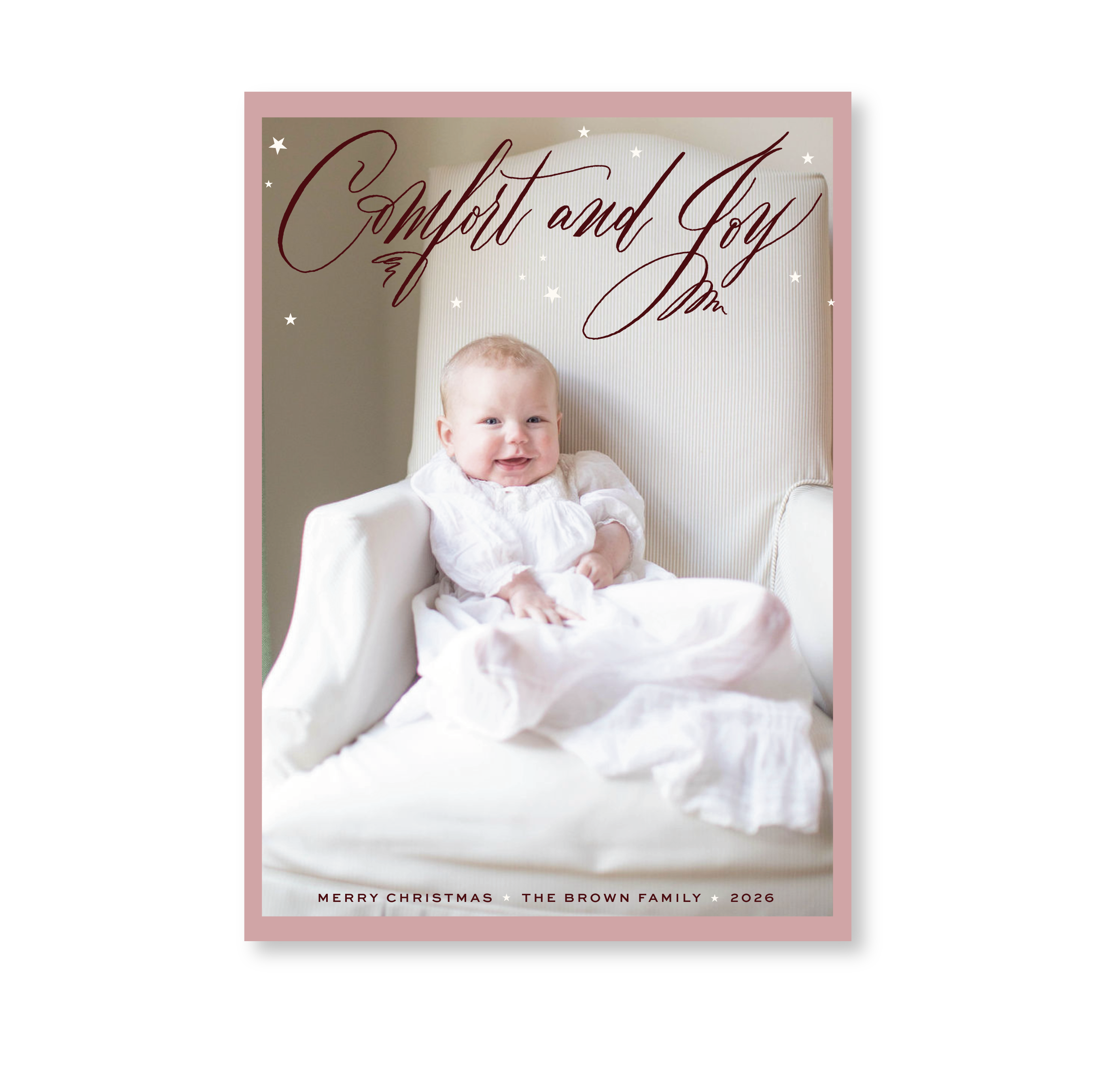 Celebrate the season with the Hawthorne "Comfort and Joy" Holiday Card by Stovall Collection. Featuring original hand-lettered artwork, this luxury personalized photo mount holiday card is available in 22 thoughtfully curated flat printing colorways.