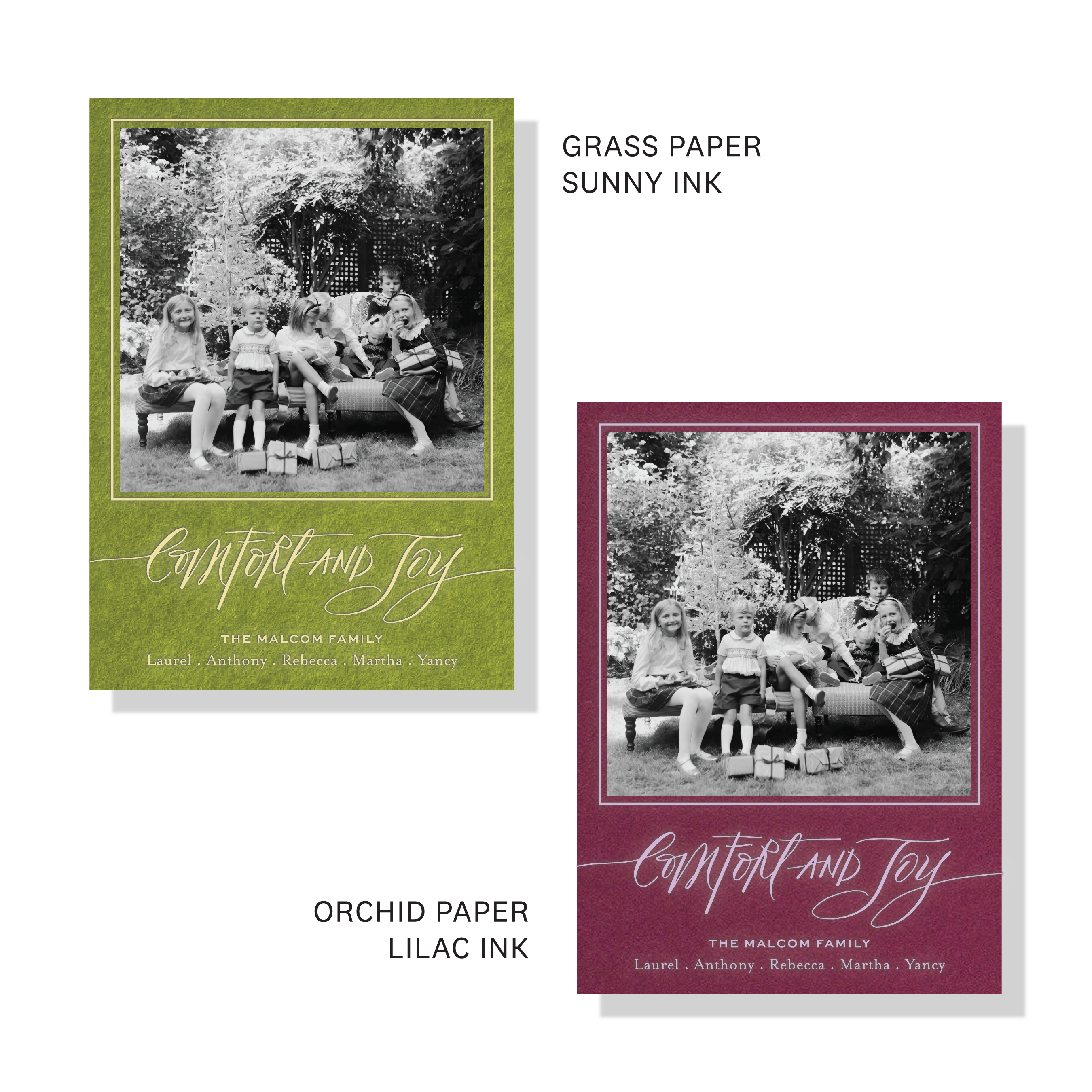 Hawthorne Engraved Photo Holiday Card featuring expressive Christmas calligraphy, a personalized family photograph, and raised engraving.