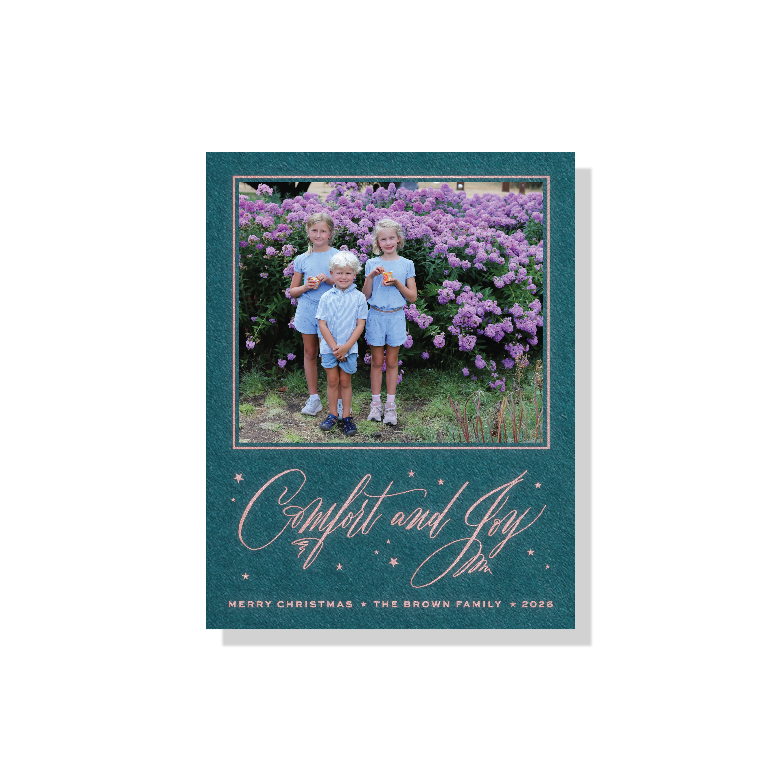Hawthorne Engraved Holiday Card featuring hand-lettered “Comfort and Joy” calligraphy, a favorite family photograph, and traditional engraving.
