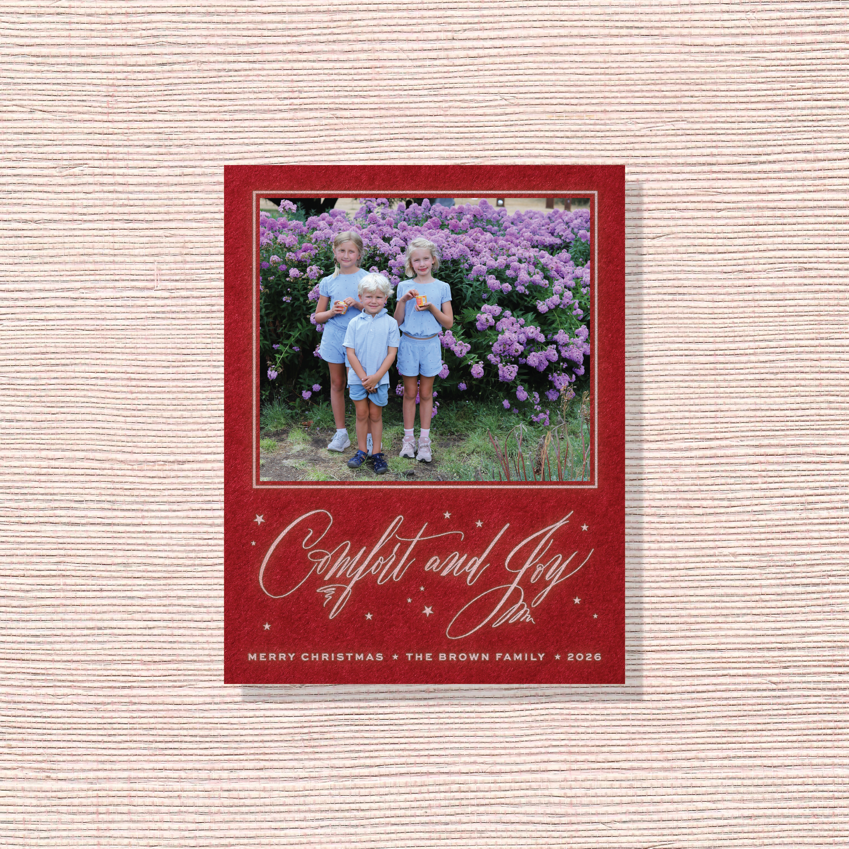 Hawthorne Engraved Holiday Card featuring hand-lettered “Comfort and Joy” calligraphy, a favorite family photograph, and traditional engraving.