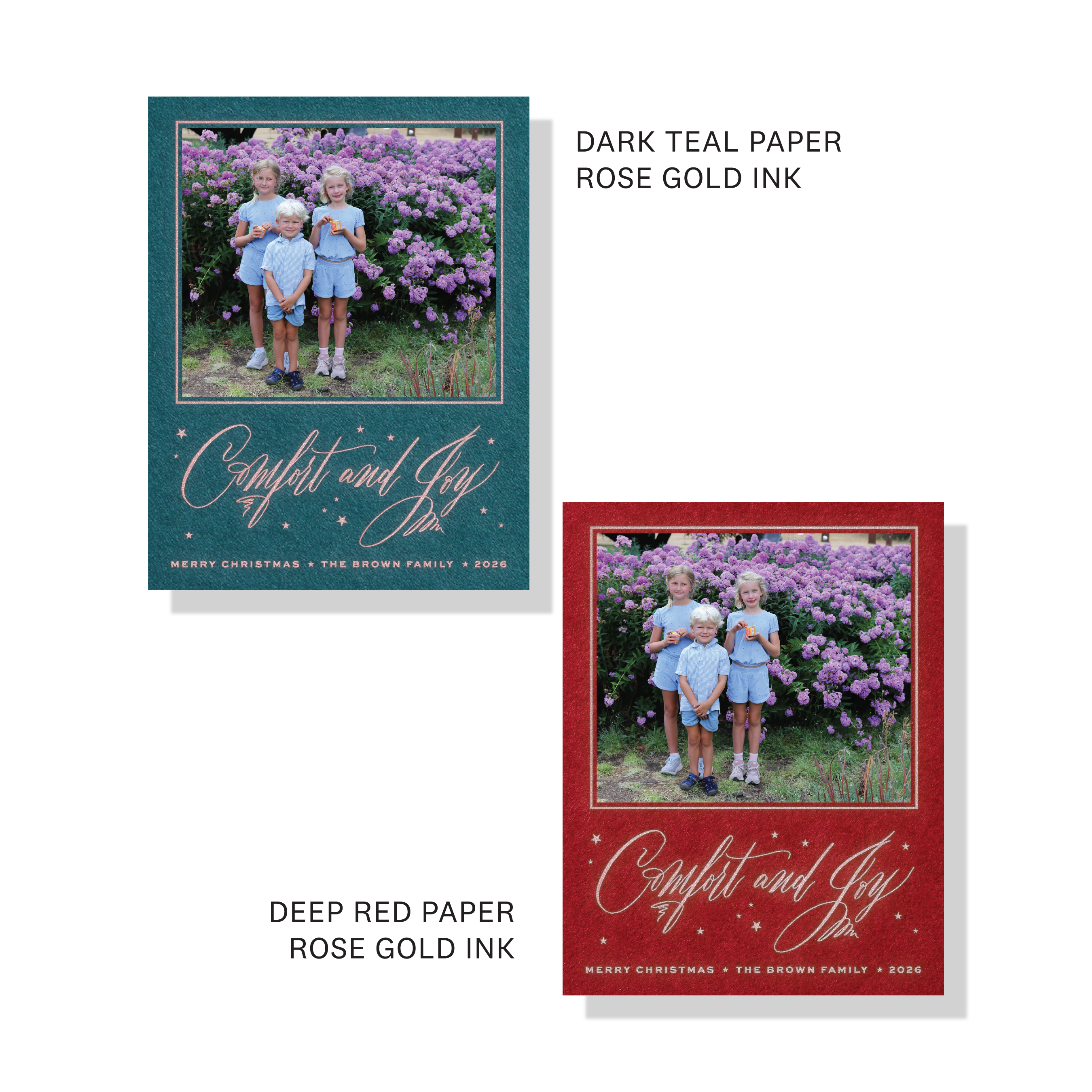 Hawthorne Engraved Holiday Card featuring hand-lettered “Comfort and Joy” calligraphy, a favorite family photograph, and traditional engraving.
