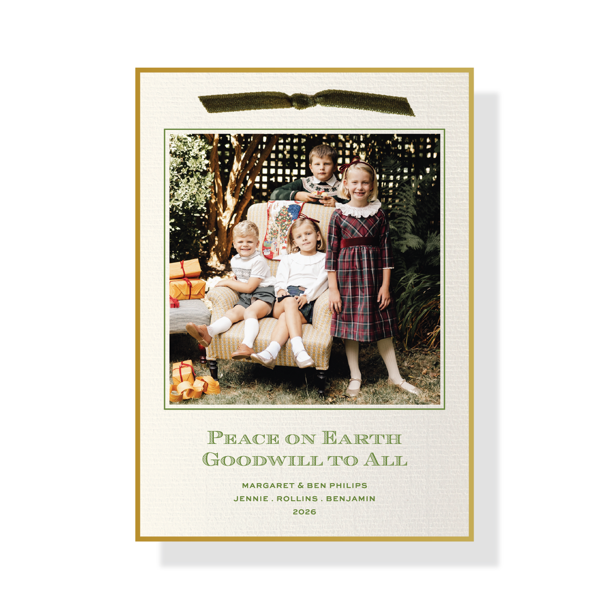 Heath Velvet Ribbon Classic Print Holiday Card with family photo, green typography and olive velvet ribbon