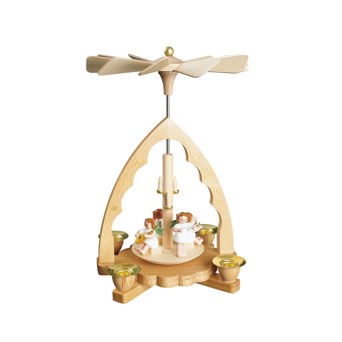 Heavenly Chorus German wooden Christmas pyramid featuring singing angels playing musical instruments beneath a rotating candle-powered fan.
