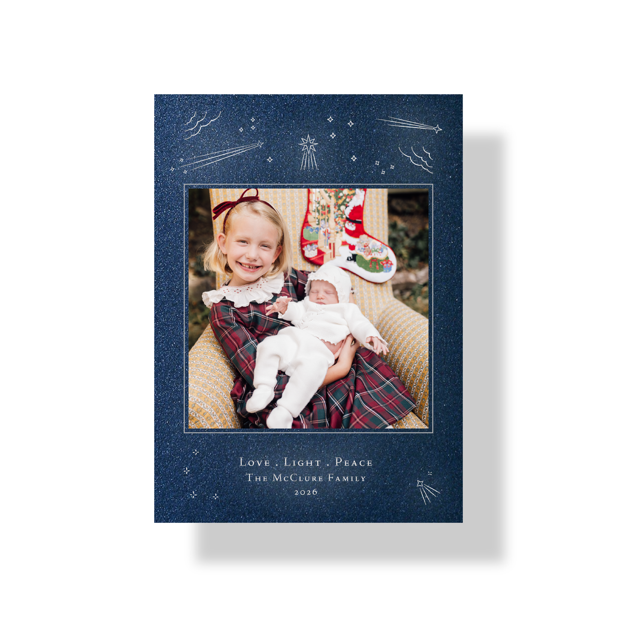 Hera engraved photo holiday card in lapis shimmer paper with metallic silver ink and celestial artwork