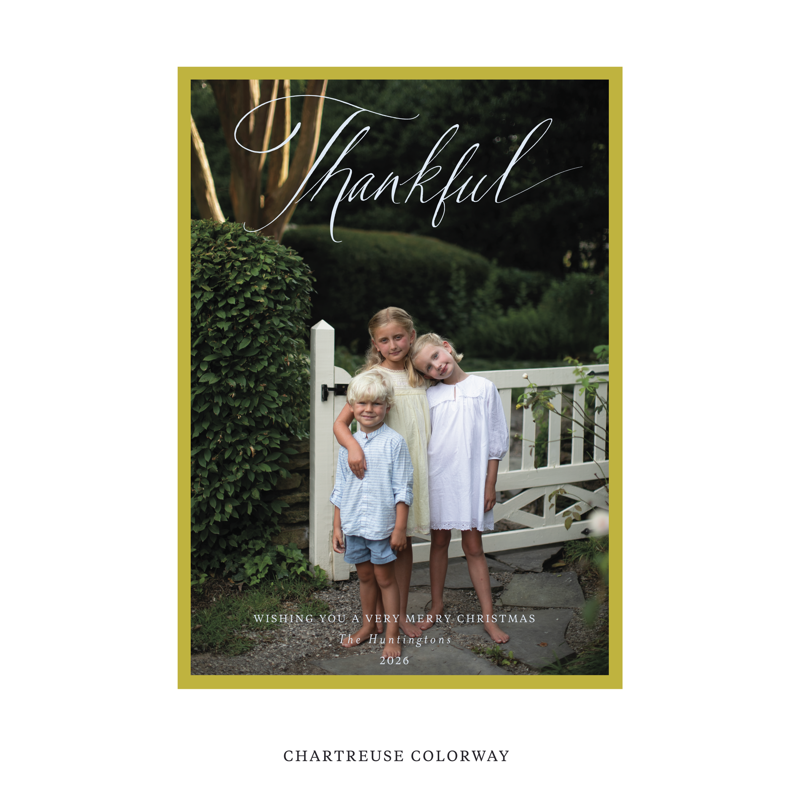 Celebrate the season with the Huntington "Thankful" Holiday Card by Stovall Collection. Featuring original hand-lettered artwork, this luxury personalized photo mount holiday card is available in 22 thoughtfully curated flat printing colorways.