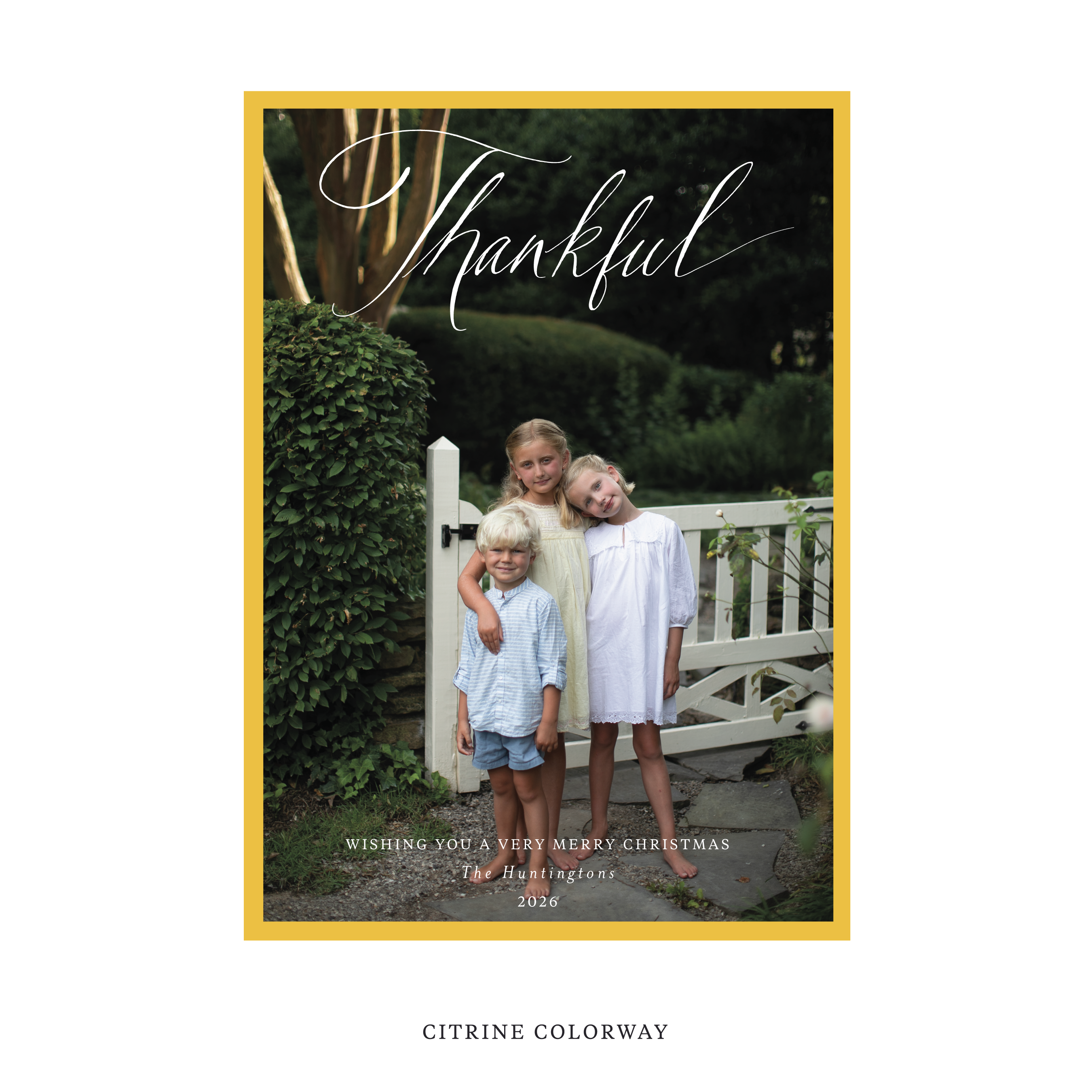 Celebrate the season with the Huntington "Thankful" Holiday Card by Stovall Collection. Featuring original hand-lettered artwork, this luxury personalized photo mount holiday card is available in 22 thoughtfully curated flat printing colorways.