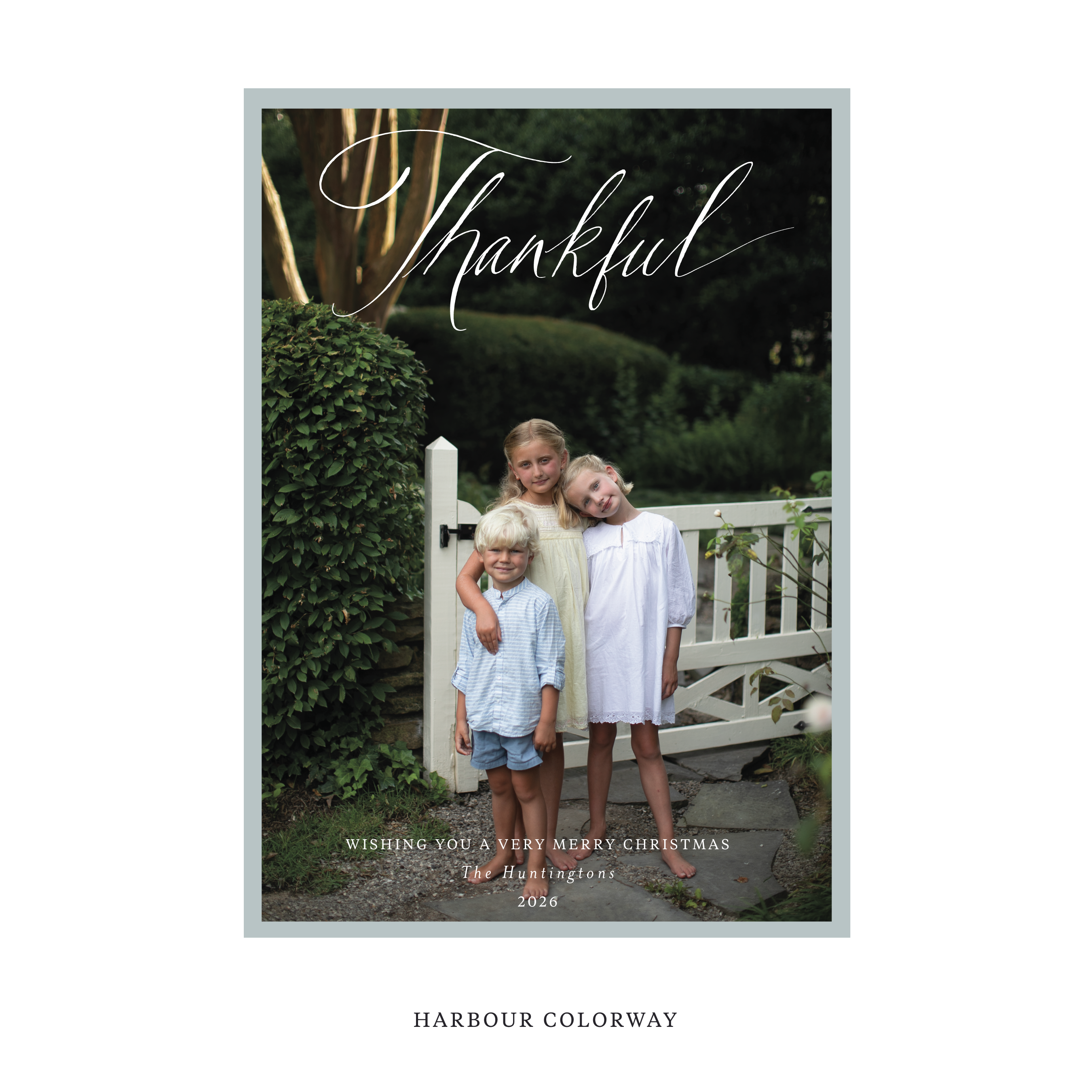 Celebrate the season with the Huntington "Thankful" Holiday Card by Stovall Collection. Featuring original hand-lettered artwork, this luxury personalized photo mount holiday card is available in 22 thoughtfully curated flat printing colorways.