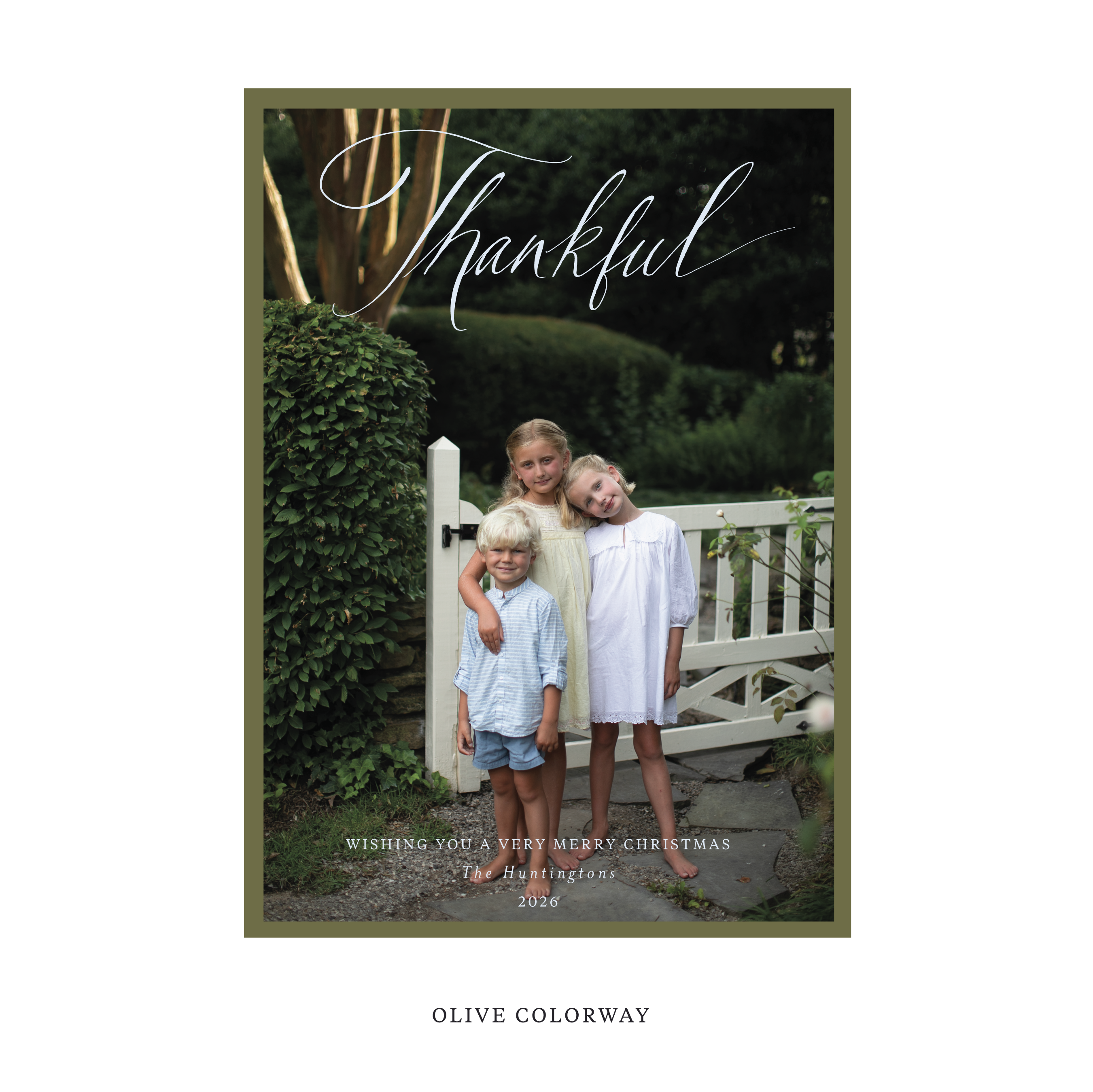 Celebrate the season with the Huntington "Thankful" Holiday Card by Stovall Collection. Featuring original hand-lettered artwork, this luxury personalized photo mount holiday card is available in 22 thoughtfully curated flat printing colorways.