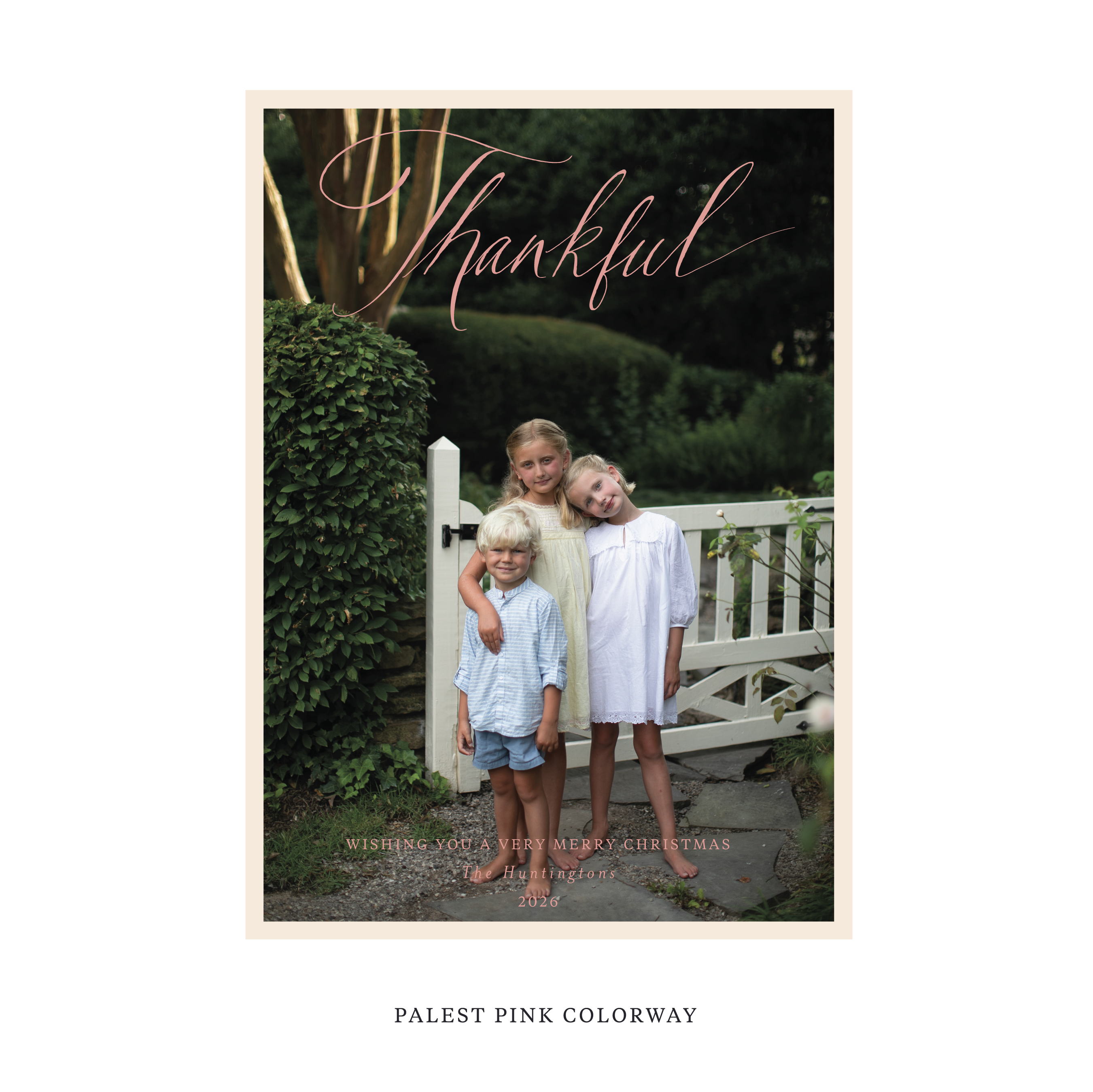 Celebrate the season with the Huntington "Thankful" Holiday Card by Stovall Collection. Featuring original hand-lettered artwork, this luxury personalized photo mount holiday card is available in 22 thoughtfully curated flat printing colorways.